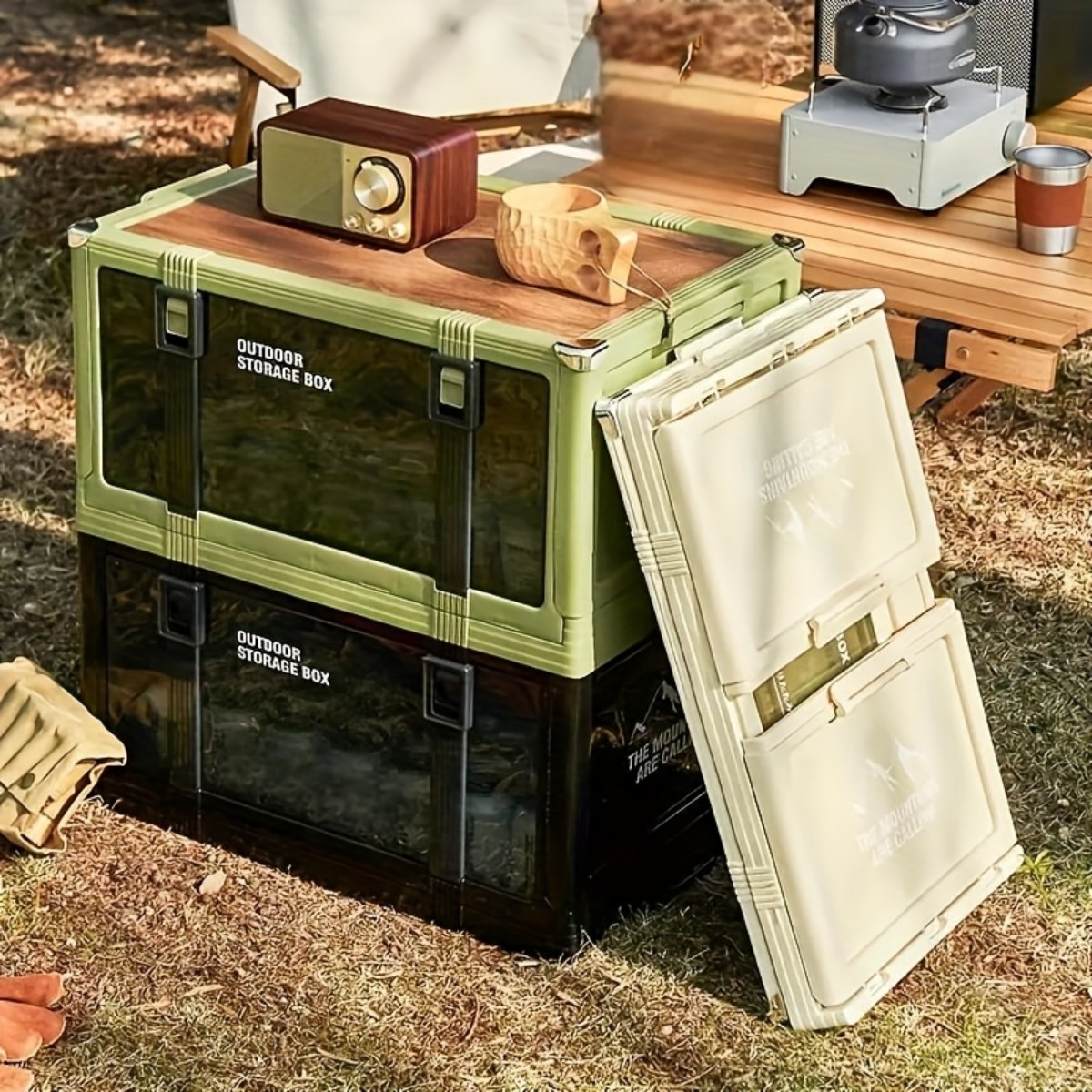 thumbnail video image 2 of Large Plastic Foldable Outdoor Cover Storage Box with Wooden Cover, 2 of 15