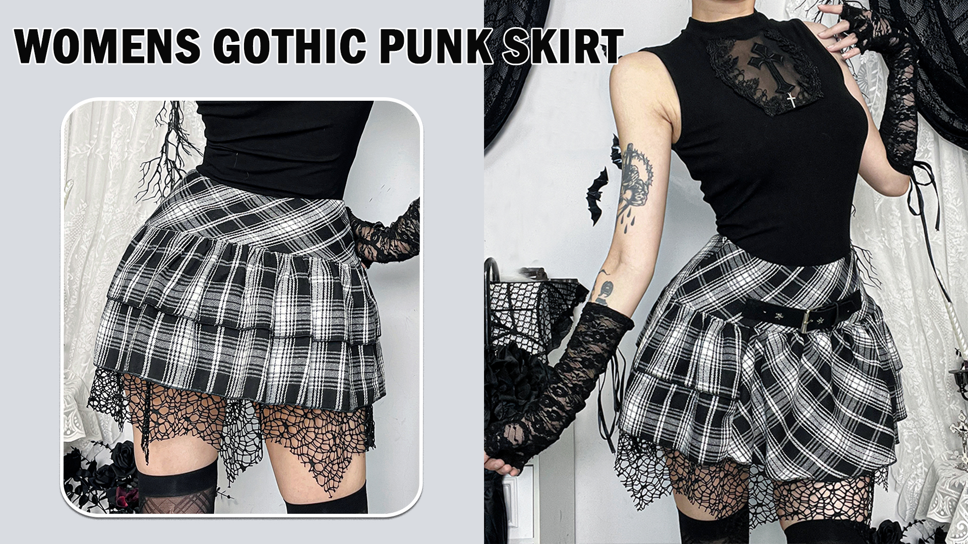 thumbnail video image 2 of FEOYA Womens Goth Skirt Irregular punk Asymmetrical Skirt Ladies Plaid Pleated Y2K Skirt Grunge Layered Flowy Skirts A Line Mini Gothic Skirts M, 2 of 7