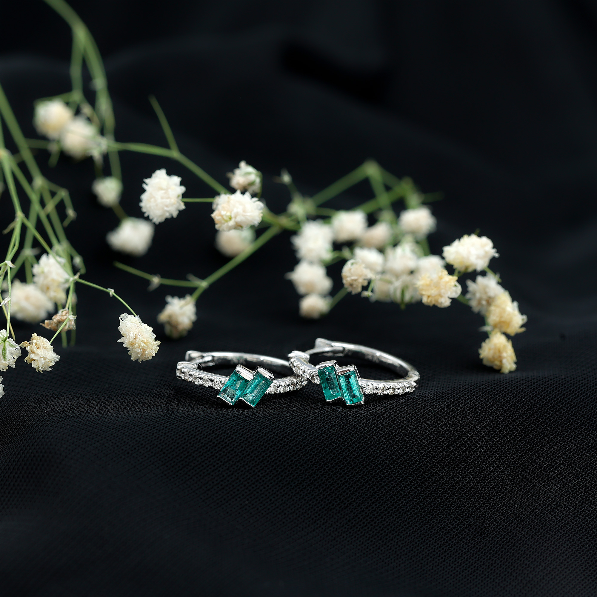 thumbnail video image 2 of Rosec Jewels 3/4 CT Emerald and Diamond Hoop Earrings, Minimal Hoop Earrings for Women, Bar Set Baguette Emerald Earrings, Diamond Hoop Earrings, 10K White Gold, 2 of 9