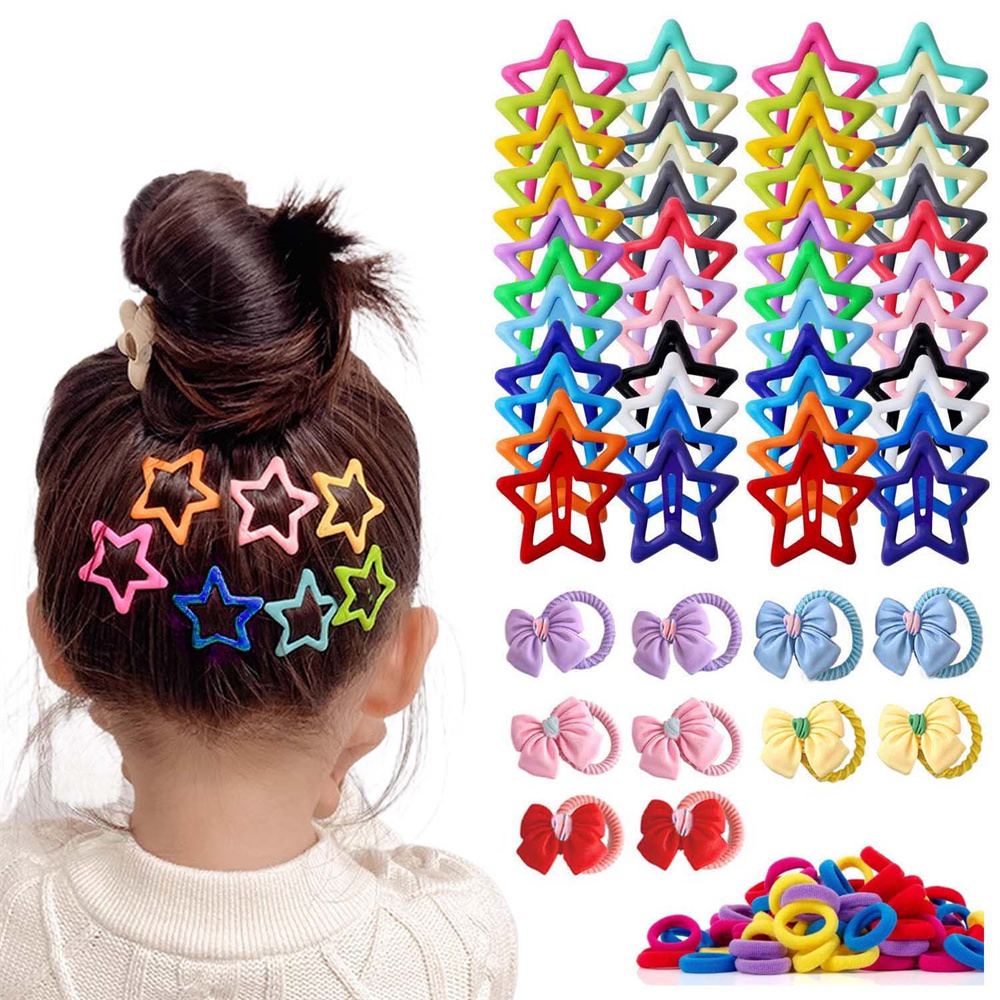 thumbnail video image 2 of 110 PCS Colorful Star Hair Clips Ties for Girls, Hair Accessories Set for Toddlers, Star Snap Clip Cute Bow Hair Ties Colorful Hair Elastic Kits for Kids, 2 of 13