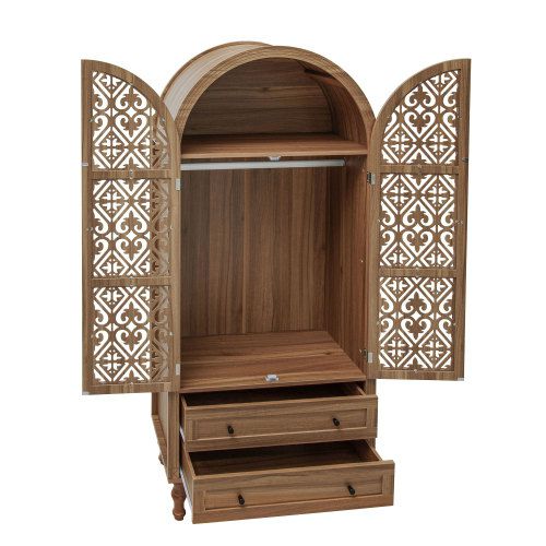 thumbnail video image 2 of LLUMAMIN 70" Tall Arched Pantry Cabinet, Arch Hollow Kitchen Pantry Storage Cabinet with 2 Drawers and Hanging Rod for Dining Room, Living Room, Kitchen, Walnut, 2 of 11