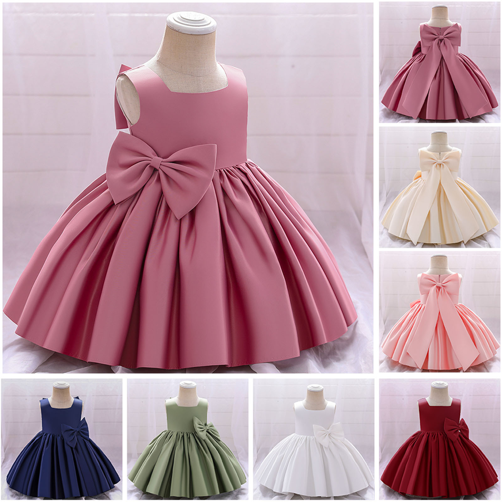 thumbnail video image 2 of WREESH Toddler Girls Formal Dress Prom Dress Solid Color Satin Embroidery Rhinestone Bowknot Birthday Party Gown Long Dresses Red, 2 of 10