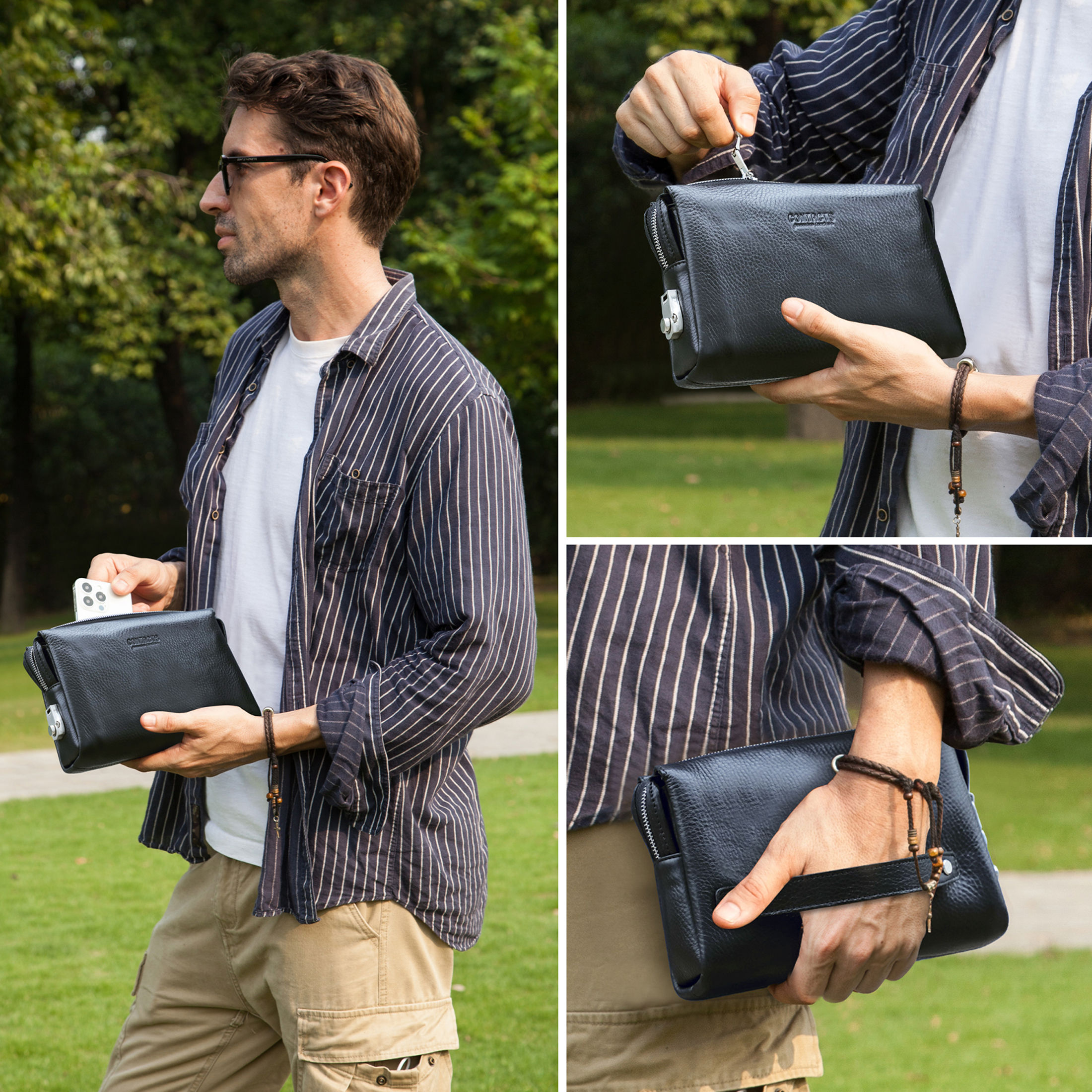 thumbnail video image 2 of Contact's Mens Clutch Purse  Bag with Lock , Full Grain Leather  Clutch Wallet for Men, Black, 2 of 8