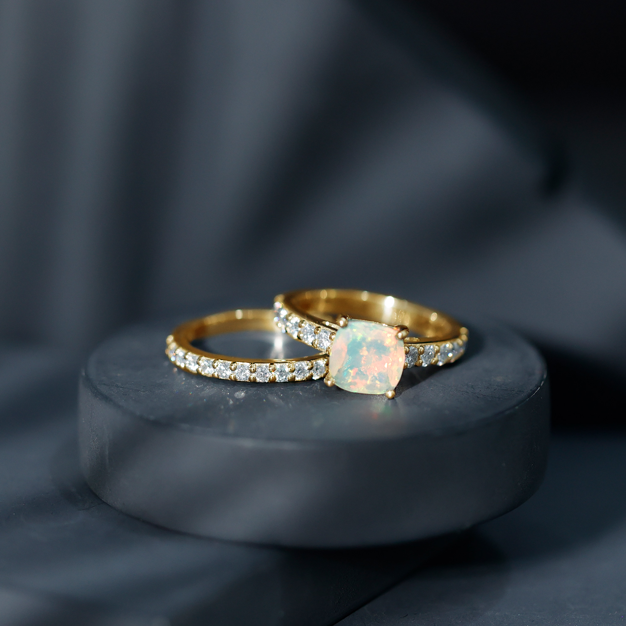 thumbnail video image 2 of Rosec Jewels Ethiopian Opal Solitaire Ring Set with Moissanite for Women - 8 MM, 10K White Gold, US 5.50, 2 of 10