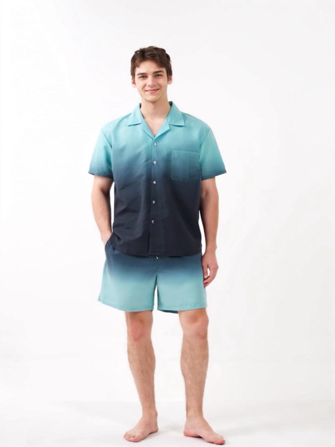 thumbnail video image 2 of CASELAND Men's 2 Pieces Summer Outfits Casual Gradient Lapel Short Sleeve Button Up Shirt & Shorts Set for Summer Outdoor Activities, Black Gray L, 2 of 9