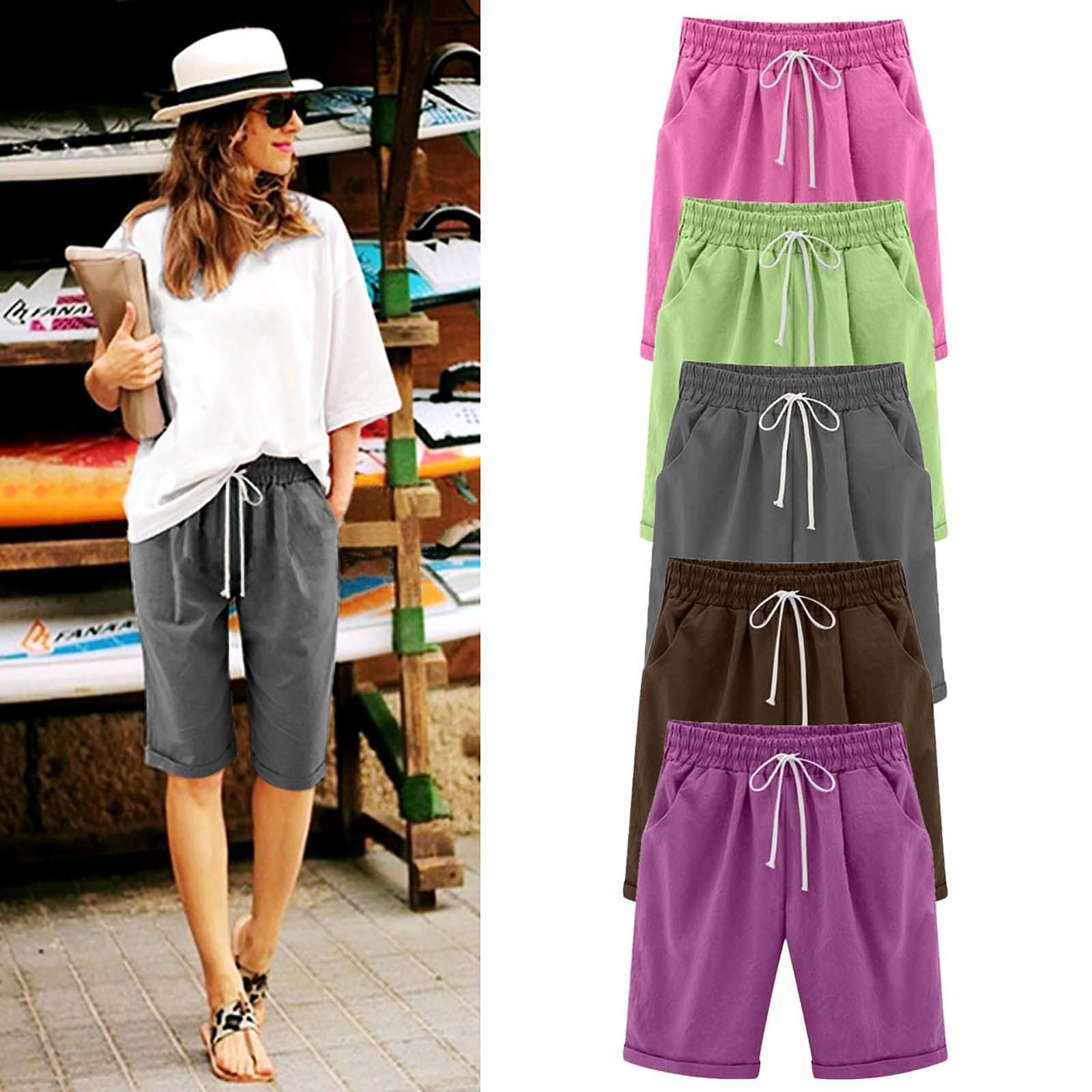 thumbnail video image 2 of WREESH Womens Summer Bermuda Shorts Solid Color Cotton Linen Shorts Elastic Waist Casual Drawstring Shorts Loose Knee Length Shorts Green, 2 of 7