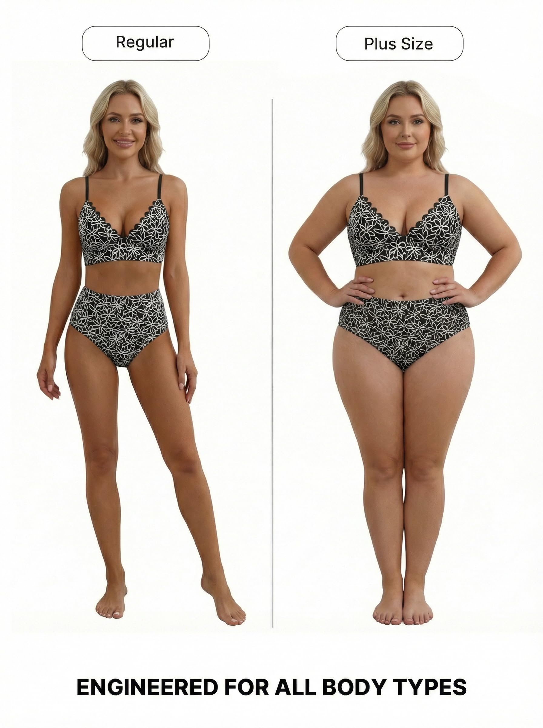 thumbnail video image 2 of SHEWIN Swimsuit Women Embroidered Floral Textured Bikini Sets 2 Piece High Waisted Bathing Suits Lace Up Back Scalloped V Neck Swimwear, 2 of 9