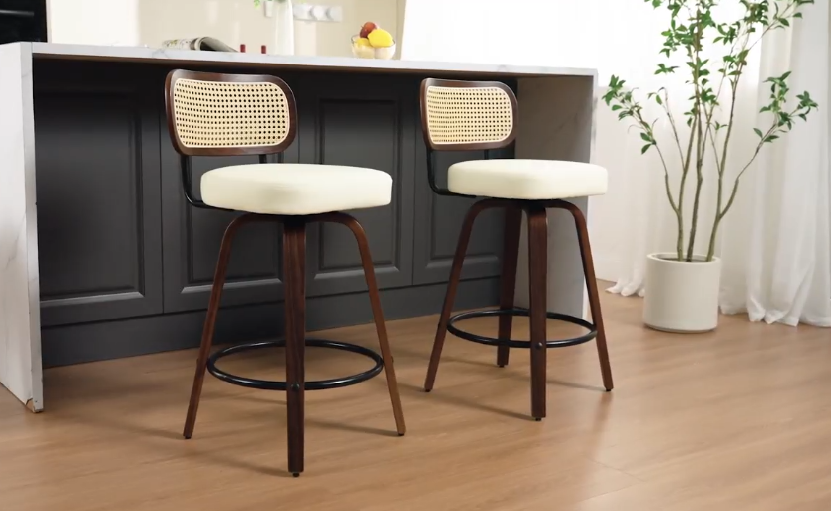 thumbnail video image 2 of EHANCIS 26" Swivel Counter Height Bar Stools Set of 2, Boho Cane Rattan Back Chairs with Beige PU Leather Upholstered Seat & Walnut Wood for Kitchen Island, 2 of 9