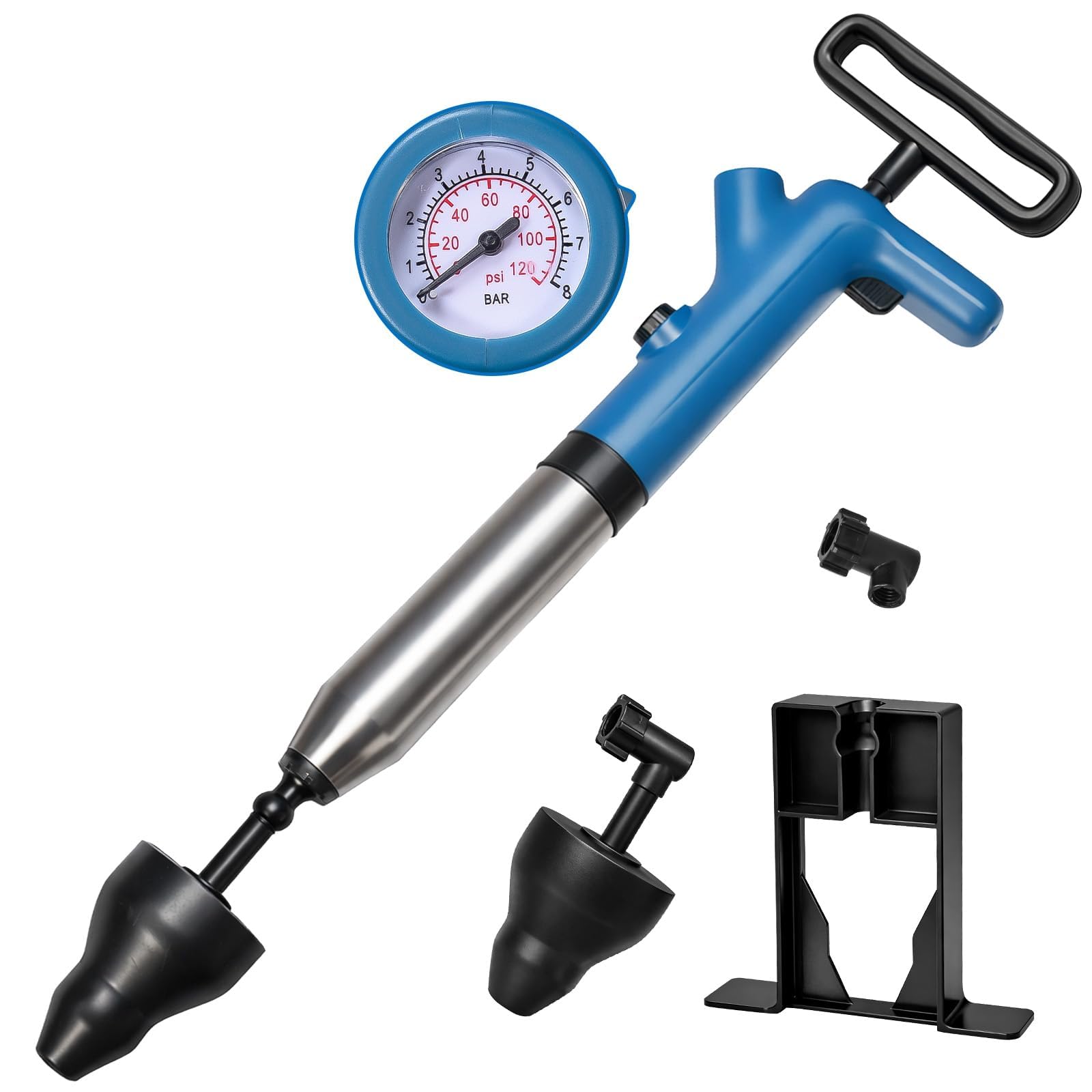 thumbnail video image 2 of FEELSO Heavy Duty Toilet Plunger, High Pressure Air Drain Blaster with Barometer, Sink Plunger & Toilet Auger Multi-Drain Unclogger, Blue, 2 of 11