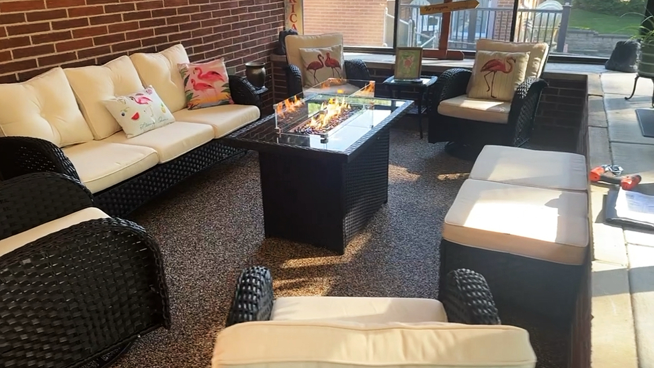 thumbnail video image 2 of LayinSun 10 Pieces Outdoor Patio Furniture Set with Fire Pit Table, Rattan Wicker Sectional Swivel Rocker Chairs Sets, 2 of 10