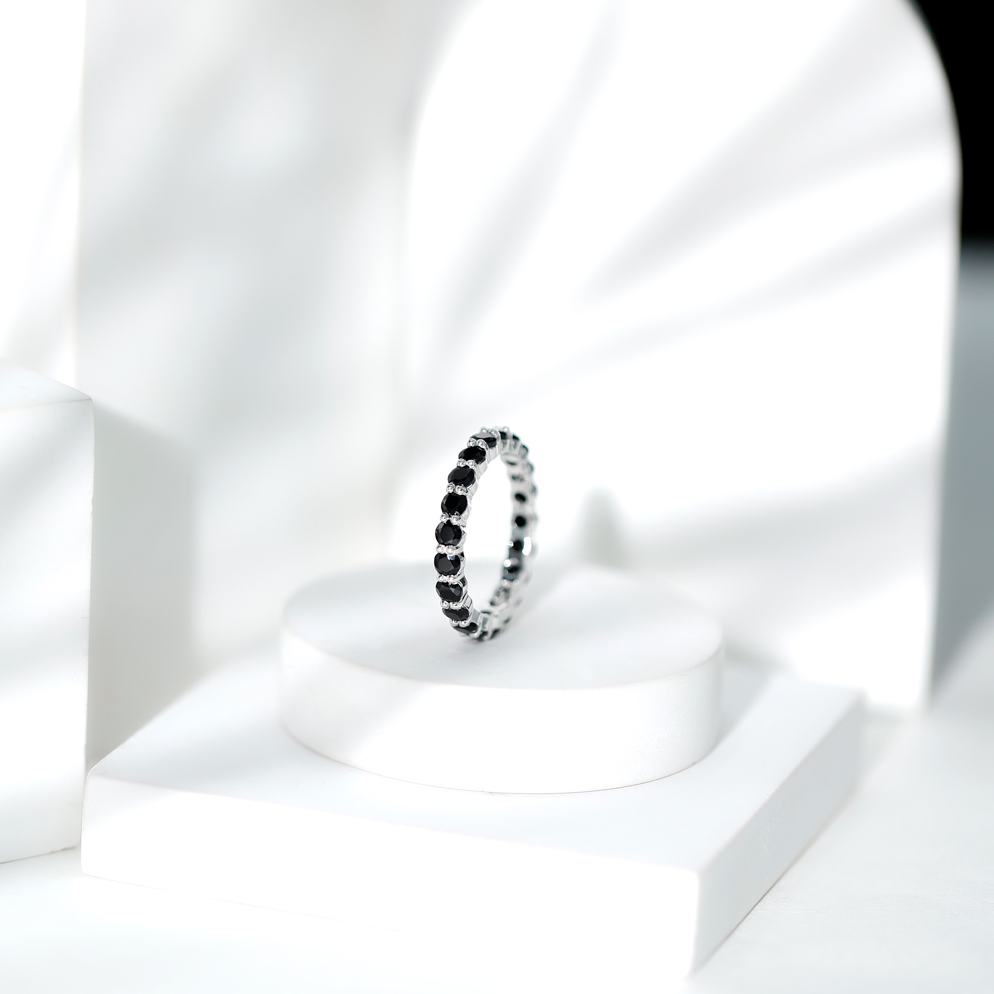 thumbnail video image 2 of Rosec Jewels 2 CT Black Spinel Full Eternity Ring in Shared Prong Setting, August Birthstone Ring, 18K Yellow Gold, US 9.50, 2 of 9