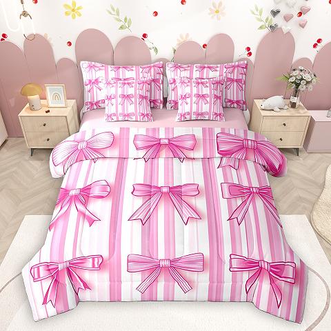 thumbnail video image 2 of Homewish Ribbon Bow Tie 7-Piece Twin Bedding Sets,Girls Kawaii Bowknot Bedding Comforter Set,Hotpink White Sheet Sets For Kids,Breathable Home Decor Reversible, 2 of 9