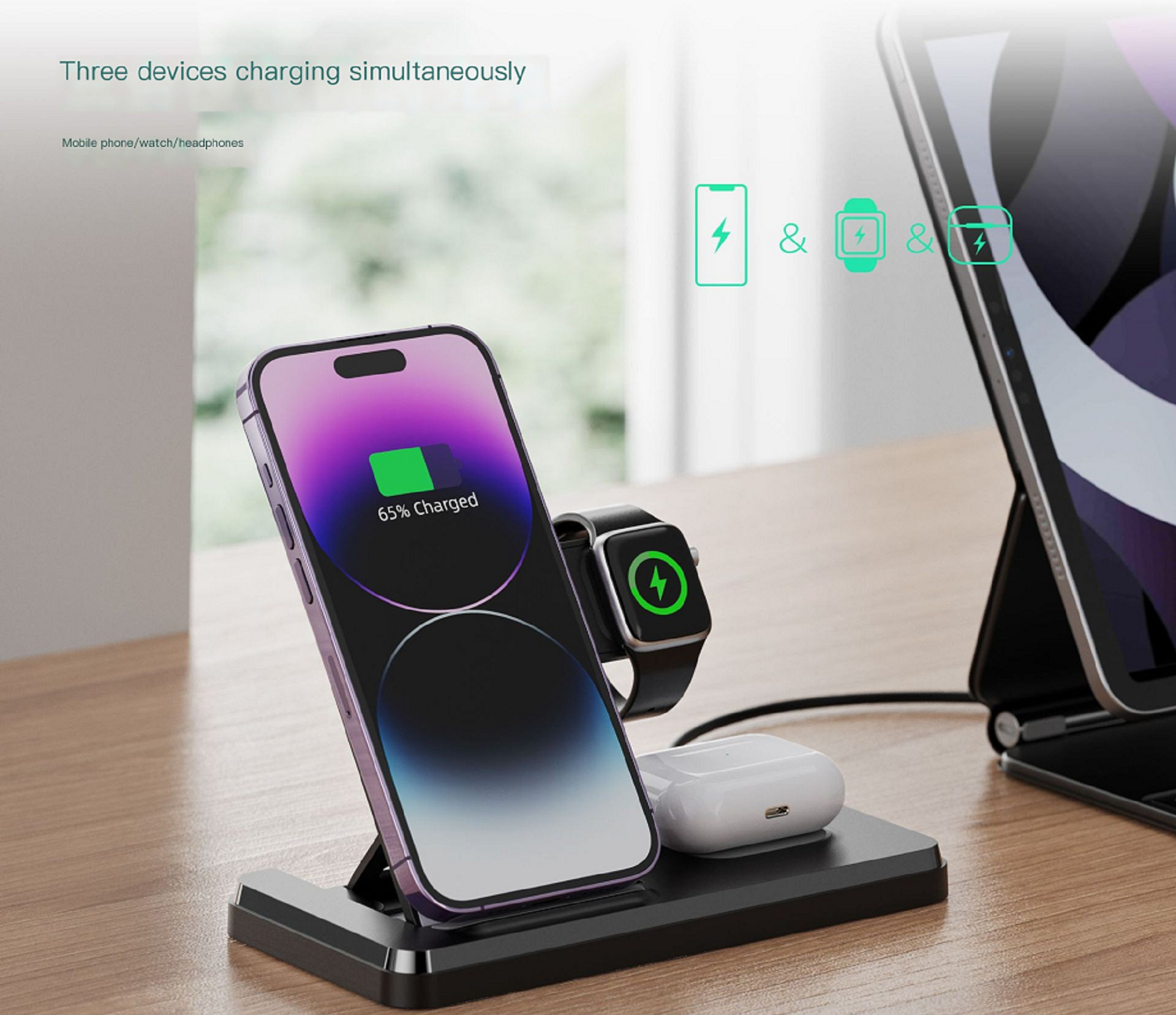 thumbnail video image 2 of Wireless Charger Stand 3-in-1 Multiple Devices for Apple iPhone Watch Airpods, 2 of 8