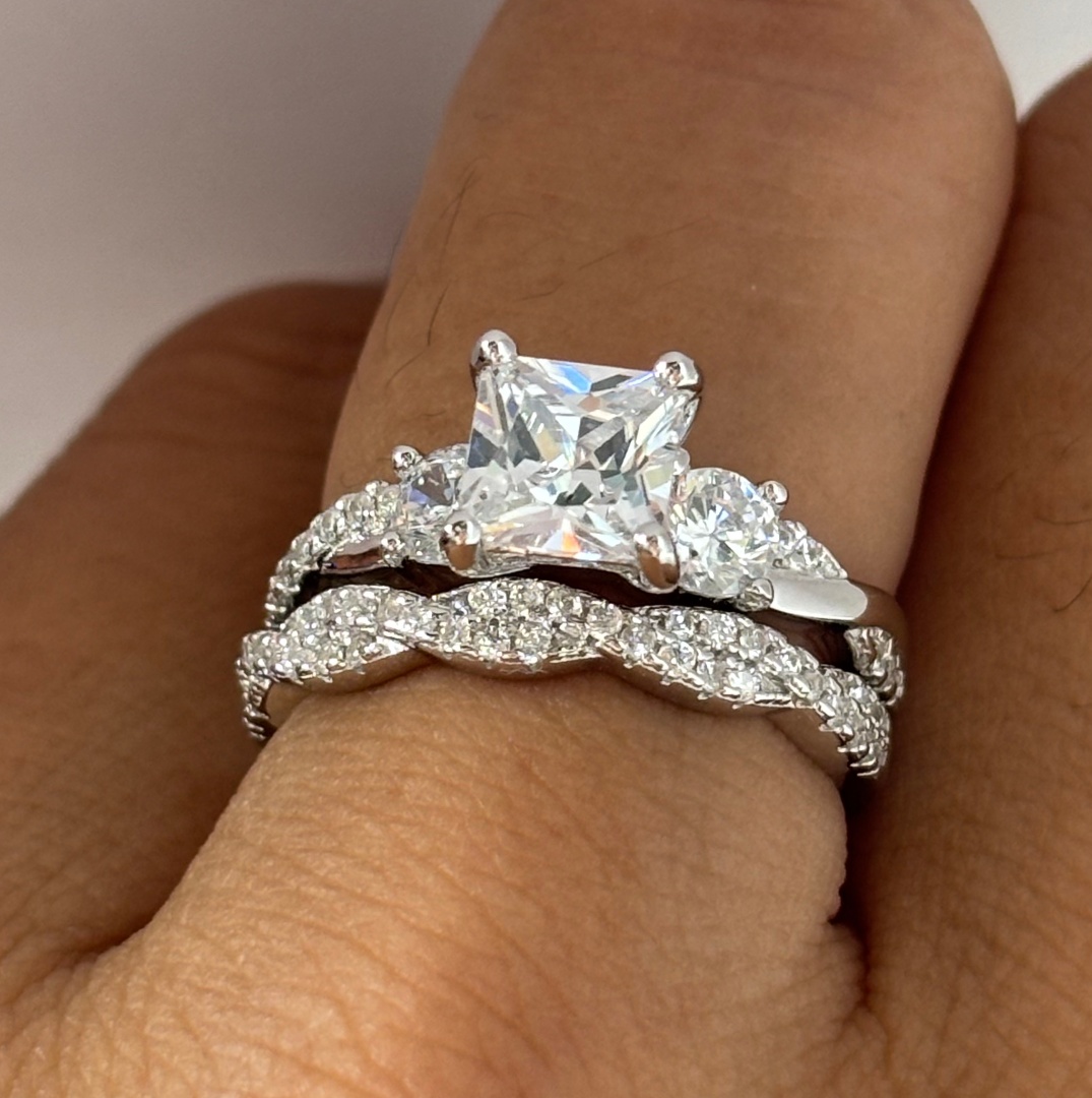 thumbnail video image 2 of SFTING Wedding Rings for Women 925 Sterling Silver 5A CZ Engagement Rings for Women Three Stones Princess Cut Anniversary Size 7, 2 of 8