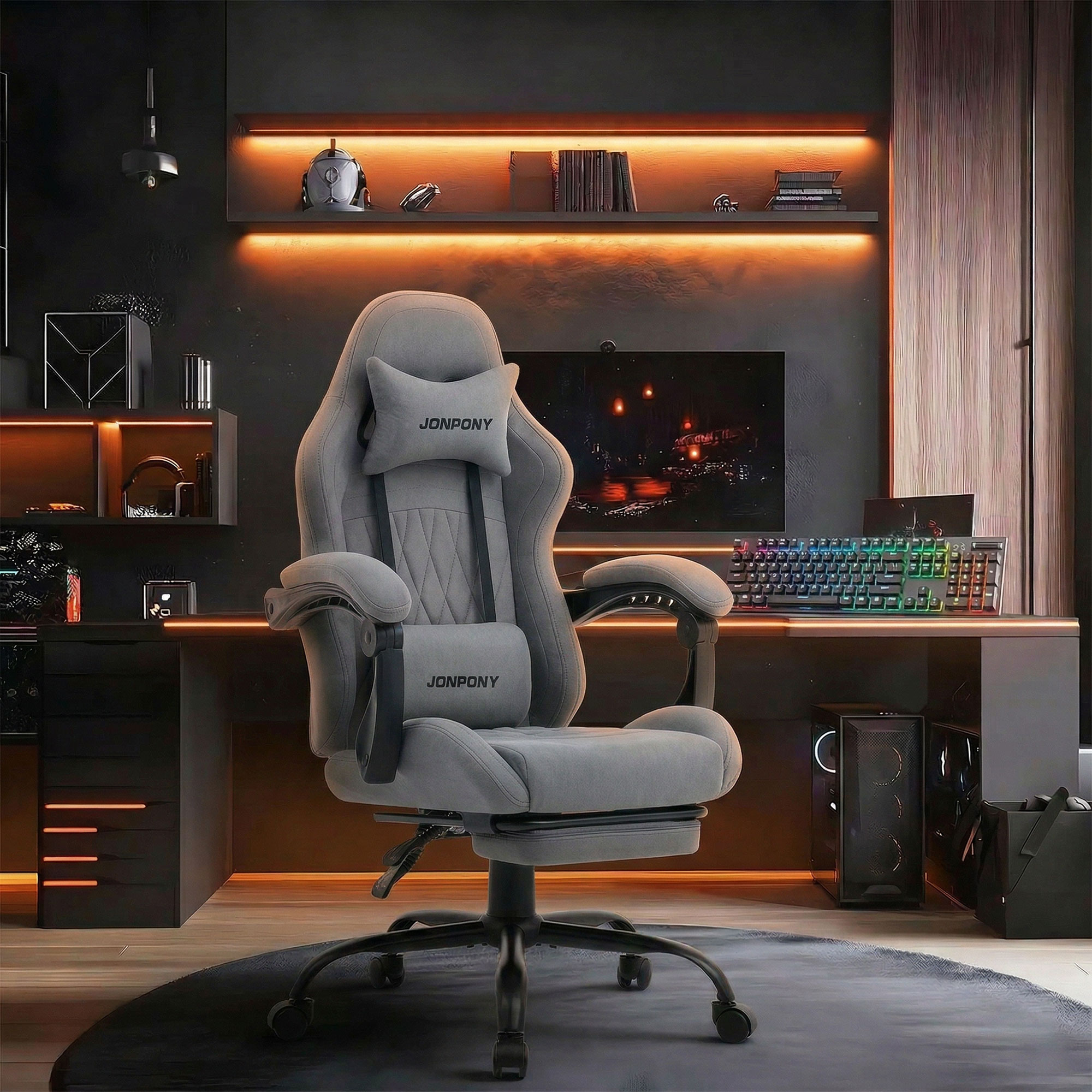 thumbnail video image 2 of JONPONY Big and Tall Gaming Chair with Bluetooth Speakers, Ergonomic Computer Chair with Footrest and Lumbar Support, Adjustable Height Reclining Seat with Linkage Armrests for Adults,Dark Grey, 2 of 10
