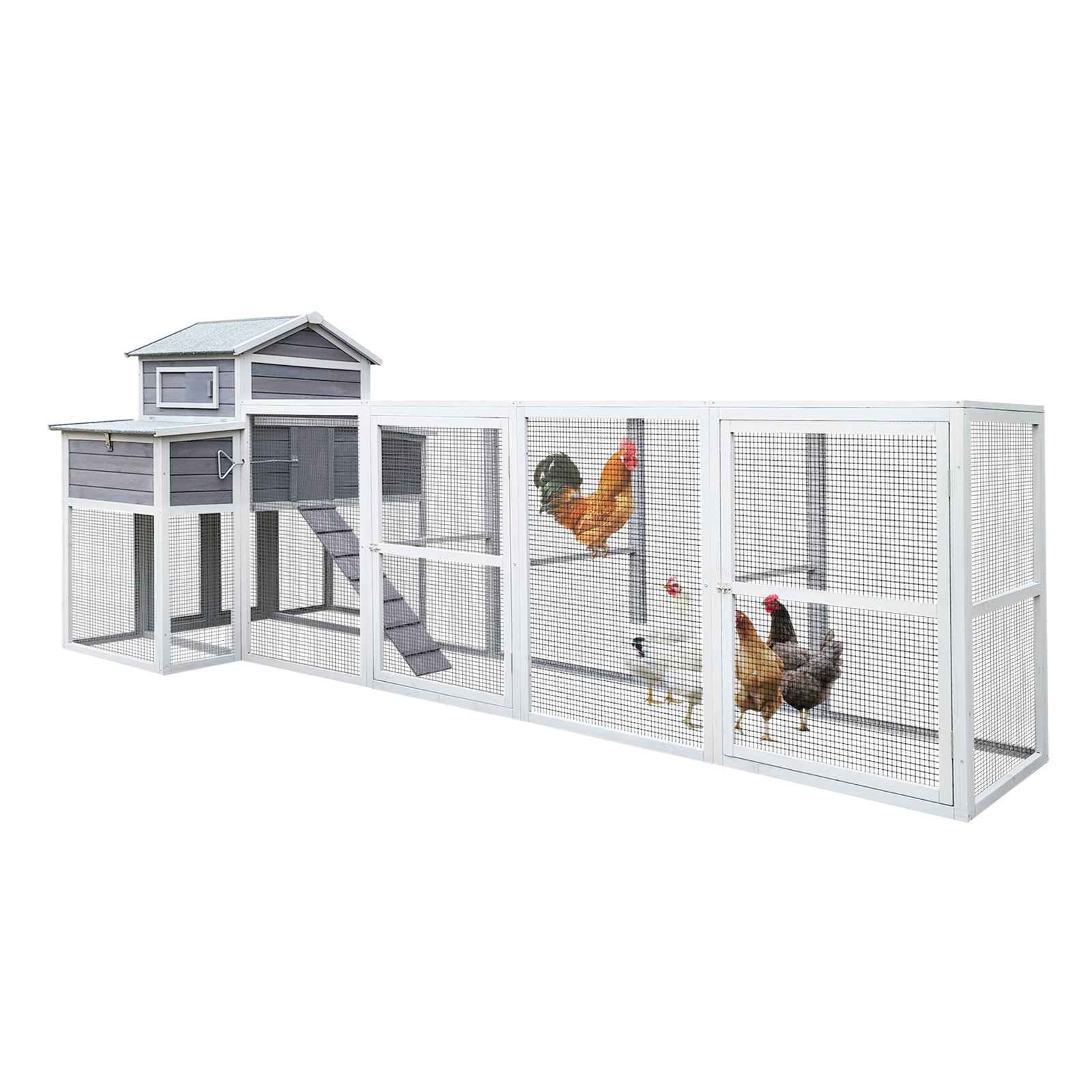 thumbnail video image 2 of Pefilos 150" Large Chicken Coops for Outdoor with 2 Nesting Boxes and Perches, Wood Rabbit Hutch, Hen House for 6-10 Hens, Gray, 2 of 9