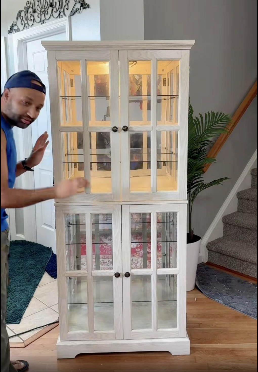 thumbnail video image 2 of CKEASEAN 69"H Lighted Curio Cabinet with 4 Glass Doors, Adjustable Shelves & Light Bulb, Vintage Showcase for Home or Office, 2 of 14