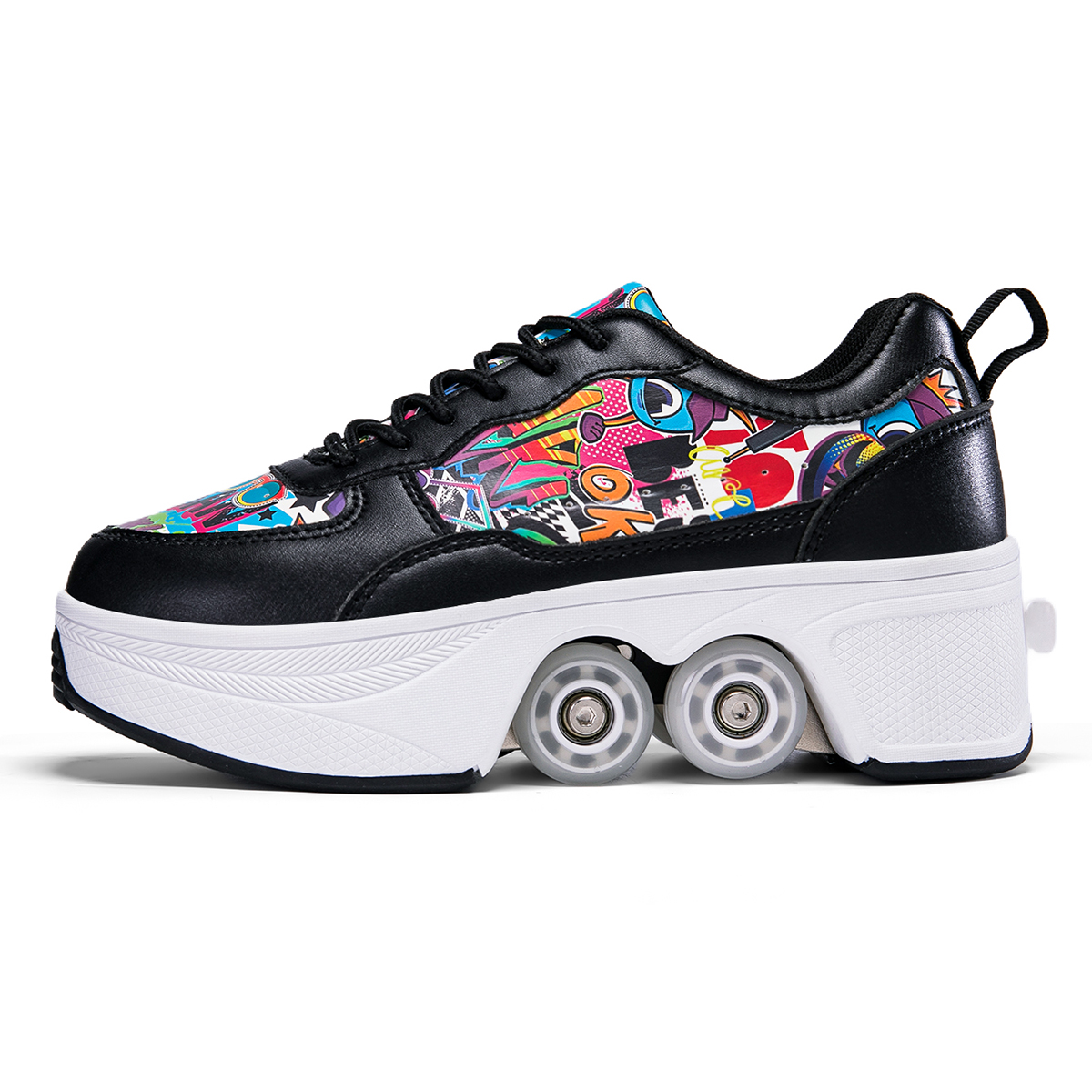 thumbnail video image 2 of CZV Women's & Teens Graffiti Print Four-Wheel Convertible Roller Skate Shoes,2-in-1 Roller Skates & Sneakers Unisex Retractable Wheels Indoor Outdoor Fun & Fitness Kick Roller Shoes, 2 of 8