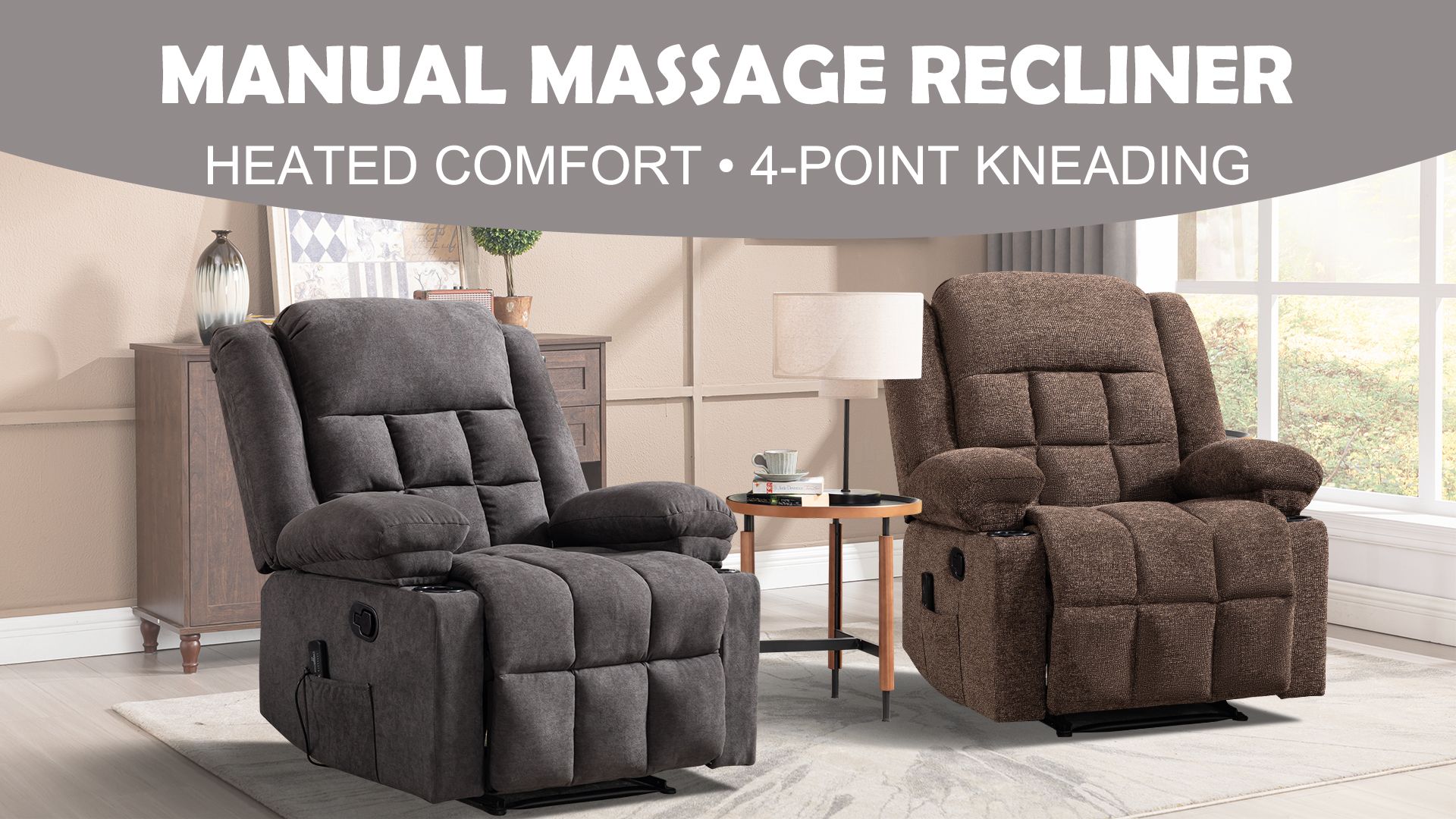 thumbnail video image 2 of Ebello Manual Recliner Chair with Massage and Heat, Fabric Recliner with Cup Holders & Storage Pockets, Breathable Comfortable Lounger for Living Room, Gray (CR0424-D183), 2 of 11