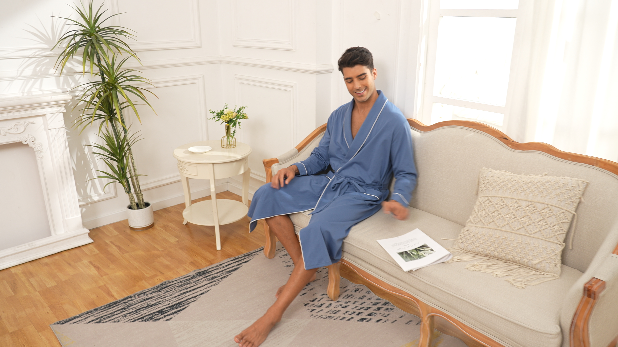 thumbnail video image 2 of ANLIQI Mens 100% Cotton Robes Lightweight Long Sleeve Bathrobe Soft Knit Spa Robe with Pockets (White, XL), 2 of 7