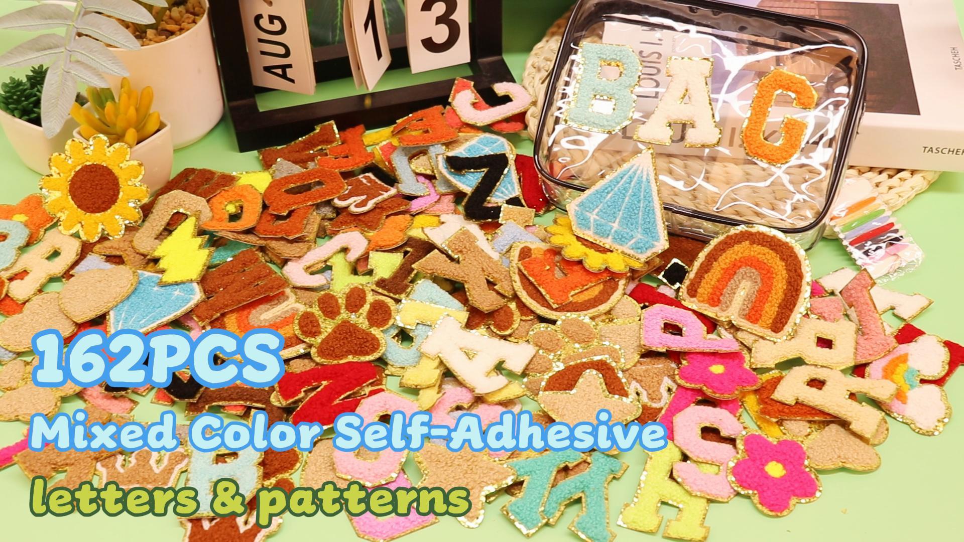 thumbnail video image 2 of 162 PCS Chenille Letter Patches Self-Adhesive for Clothing, A-Z Chenille Letter Patches Sticker, Cute Rainbow Lightning Heart Star Patch Stick on Patches for DIY Crafts Hats Backpacks Christmas Gifts, 2 of 8