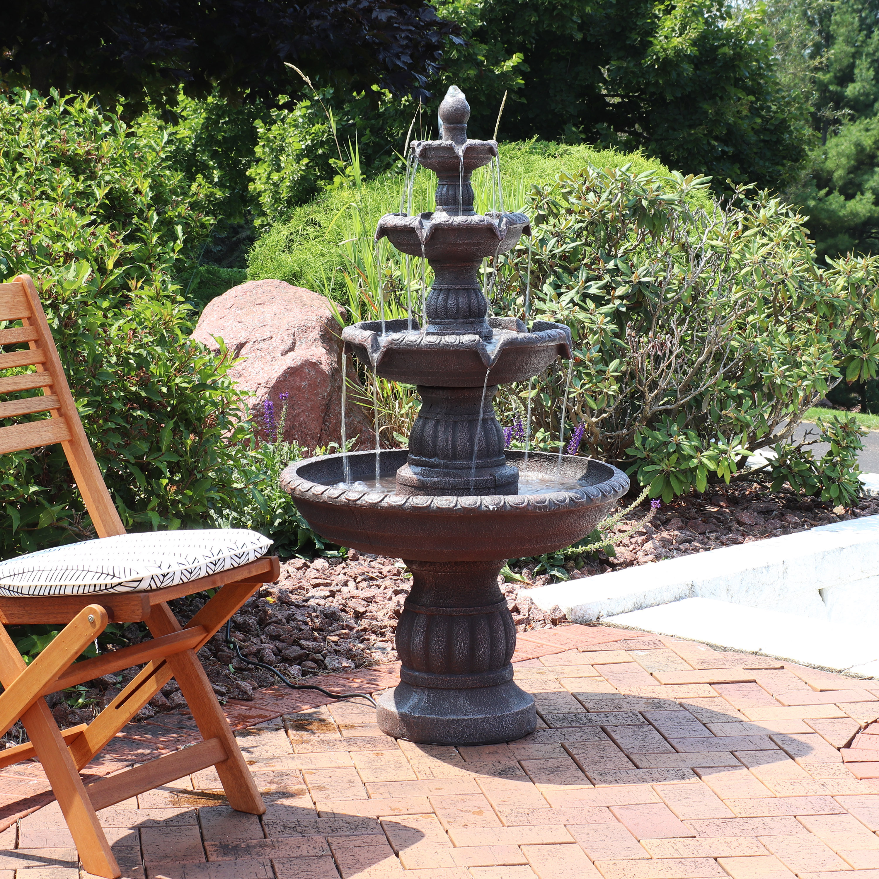 thumbnail video image 2 of Sunnydaze Mediterranean Light Brown Resin 4-Tier Outdoor Fountain, 2 of 12