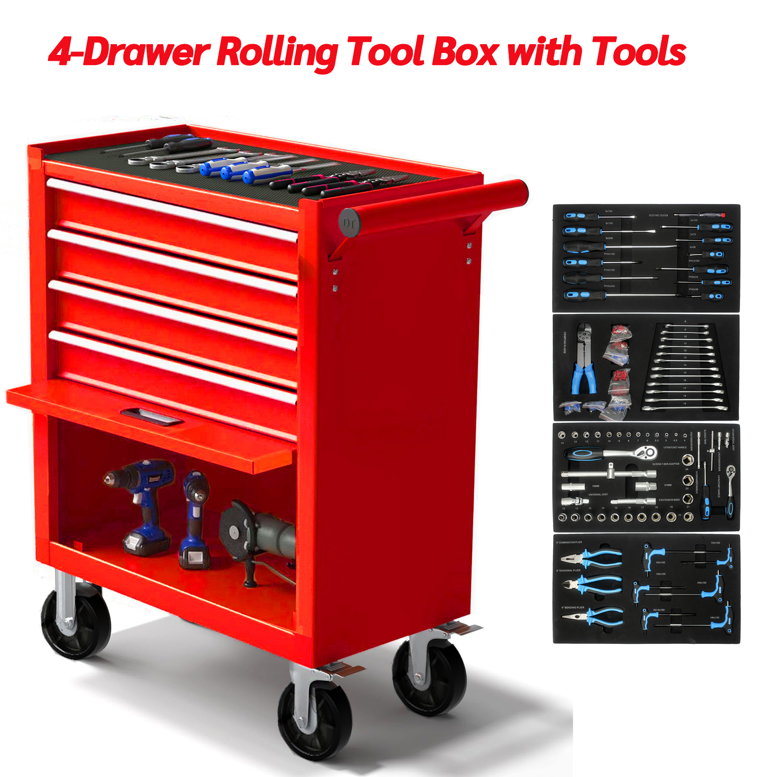 thumbnail video image 2 of POWANLI Professional Tools Box Set W/238pcs Universal Tools, Tool Box Rolling Tool Cart On Wheels with 4 Drawers, Storage Cabinet On Wheels for Tools, Garage Workshop Warehouse, Red, 2 of 9