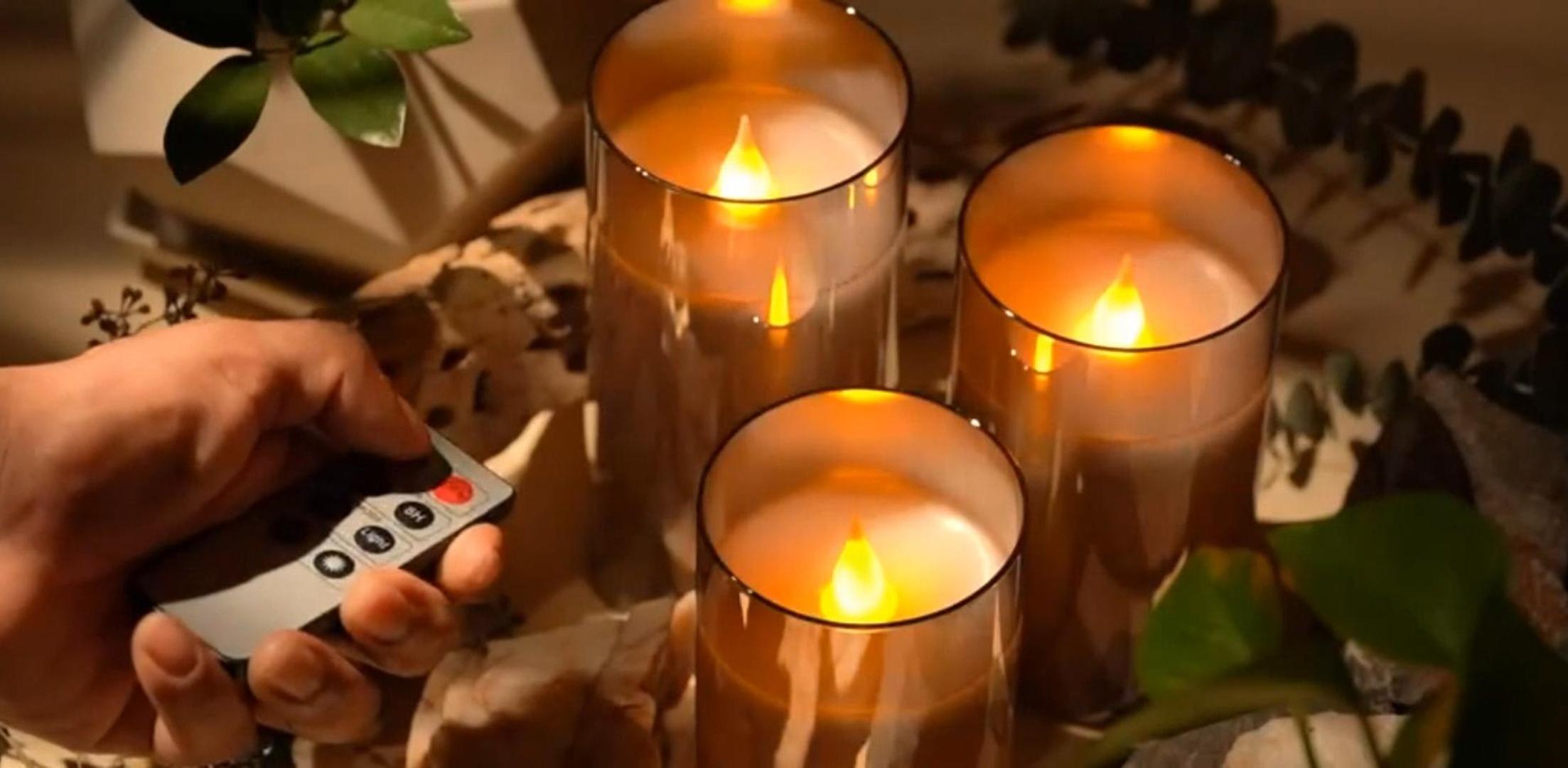 thumbnail video image 2 of Glass Battery Operated LED Flameless Candles with Remote and Timer, Real Wax Candles Warm Color Flickering Light for Festival Wedding Home Party Decor(Pack of 3)-Gold, 2 of 9