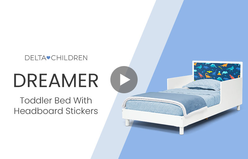 thumbnail video image 3 of Delta Children Dreamer Toddler Bed (Choose from Dinosaur or Rainbow Headboard Stickers), Bianca White, 3 of 16