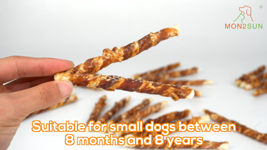 thumbnail video image 2 of MON2SUN Duck Wrapped Rawhide Puppy and Small Dog Treats, 14 oz (40 Count), 2 of 7