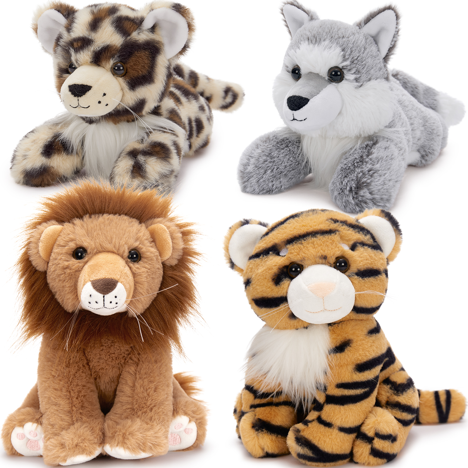 thumbnail video image 2 of MaoGoLan 4 Pieces Safari Stuffed Animals Jungle Animals Plush Toy(Lions/Tigers/Leopards/Wolf), 2 of 9
