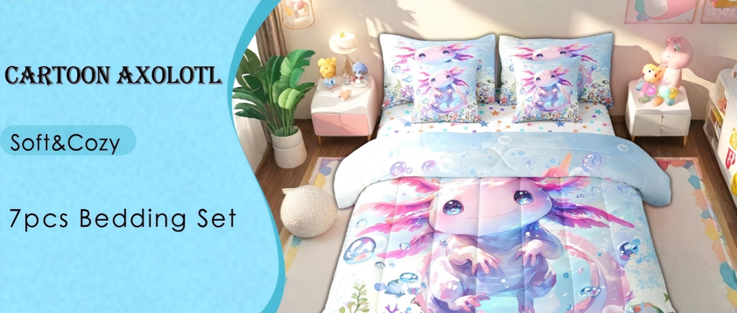 thumbnail video image 2 of Manfei Cute Axolotl Salamander Twin Bedding Sets 7-Piece,Ocean Sea Aninal Bedding Comforter Set,Watercolor Sealife Coral Sheet Sets For Girl Teens,Luxury Bedroom Decor,Reversible, 2 of 8
