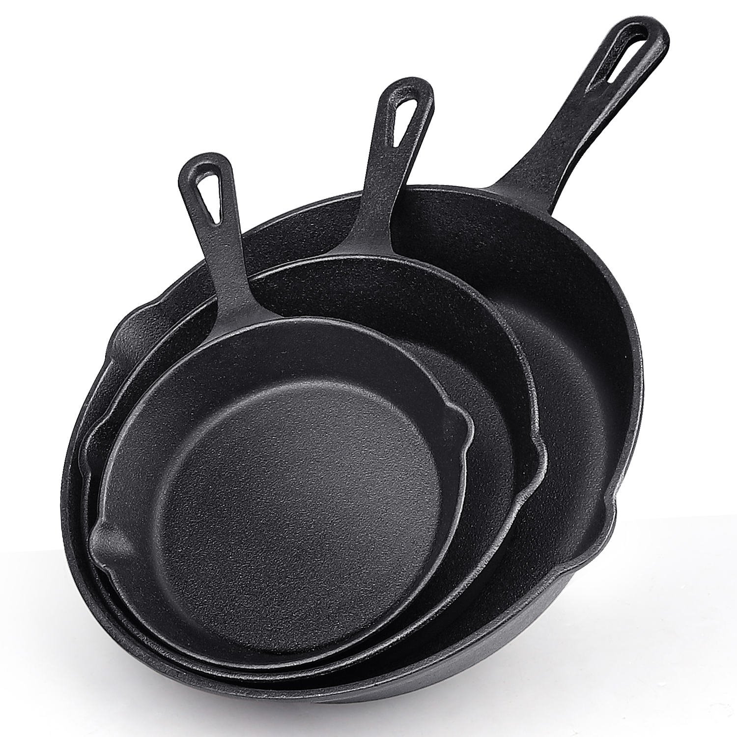 thumbnail video image 2 of Cast Iron Skillet Set, TAIMASI 3-Piece Pre-Seasoned Pan Cookware Set, 10", 8", 6" Frying Pans with Handles, Heavy-Duty Cookware Set with Non-Stick Surface For Saute, Cooking, Pizza, 2 of 10