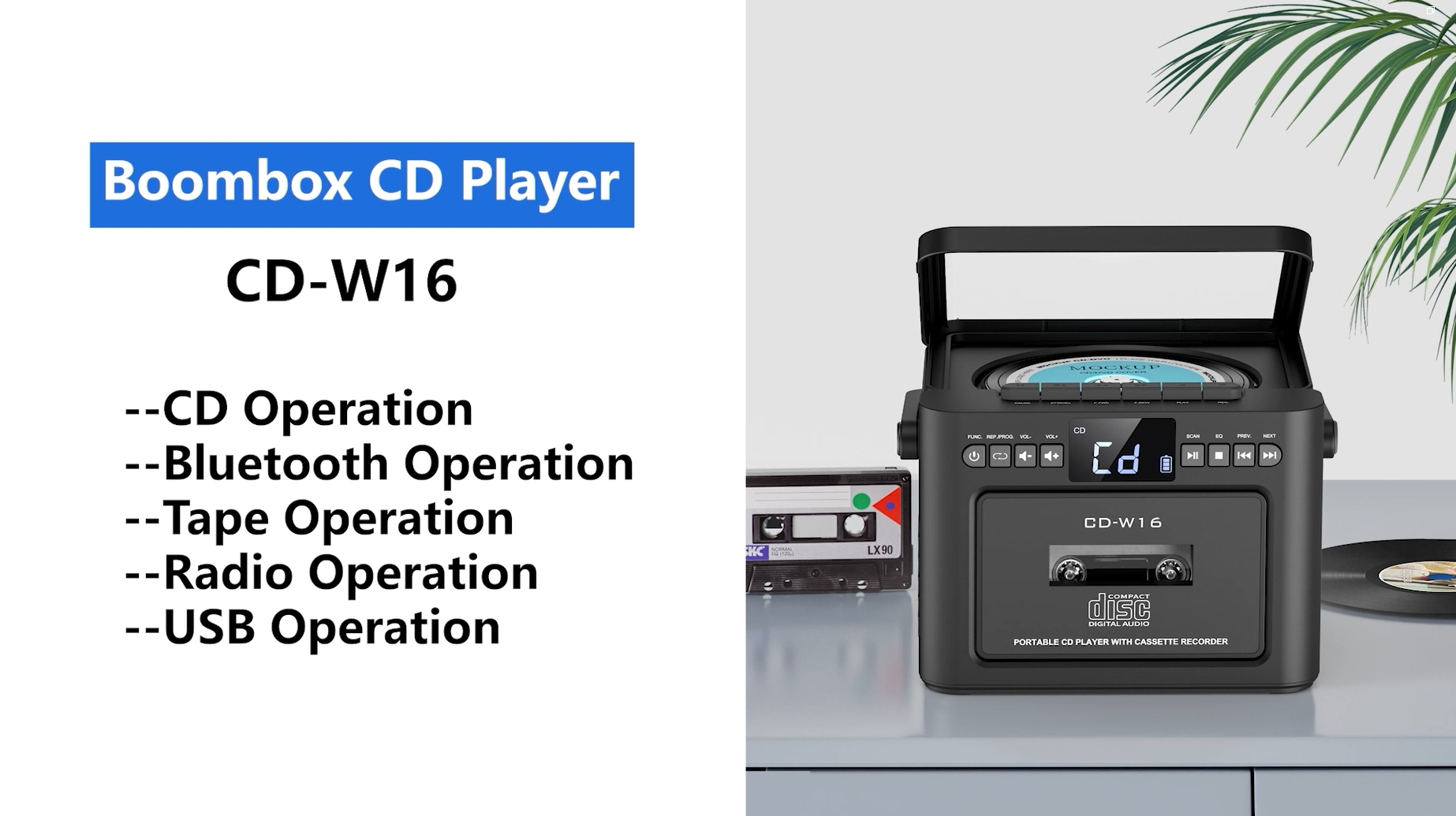 Greadio Rechargeable CD Cassette Player Boombox, Bluetooth, FM