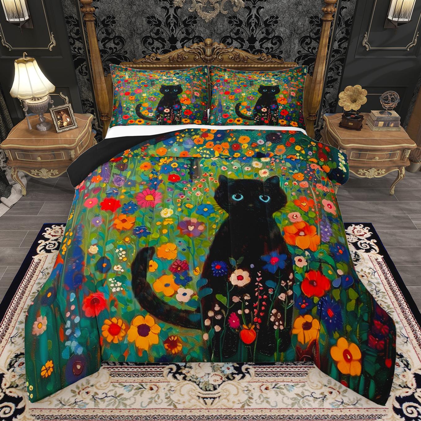 thumbnail video image 2 of Manfei Kawaii Pet Kitten Queen Comforter Set,Rustic Flower Sunflower Bedding Sets,Retro Oil Painting Bedding Comforter Set For Girls Teens,Luxury Bedroom Decor Reversible,3pcs, 2 of 9