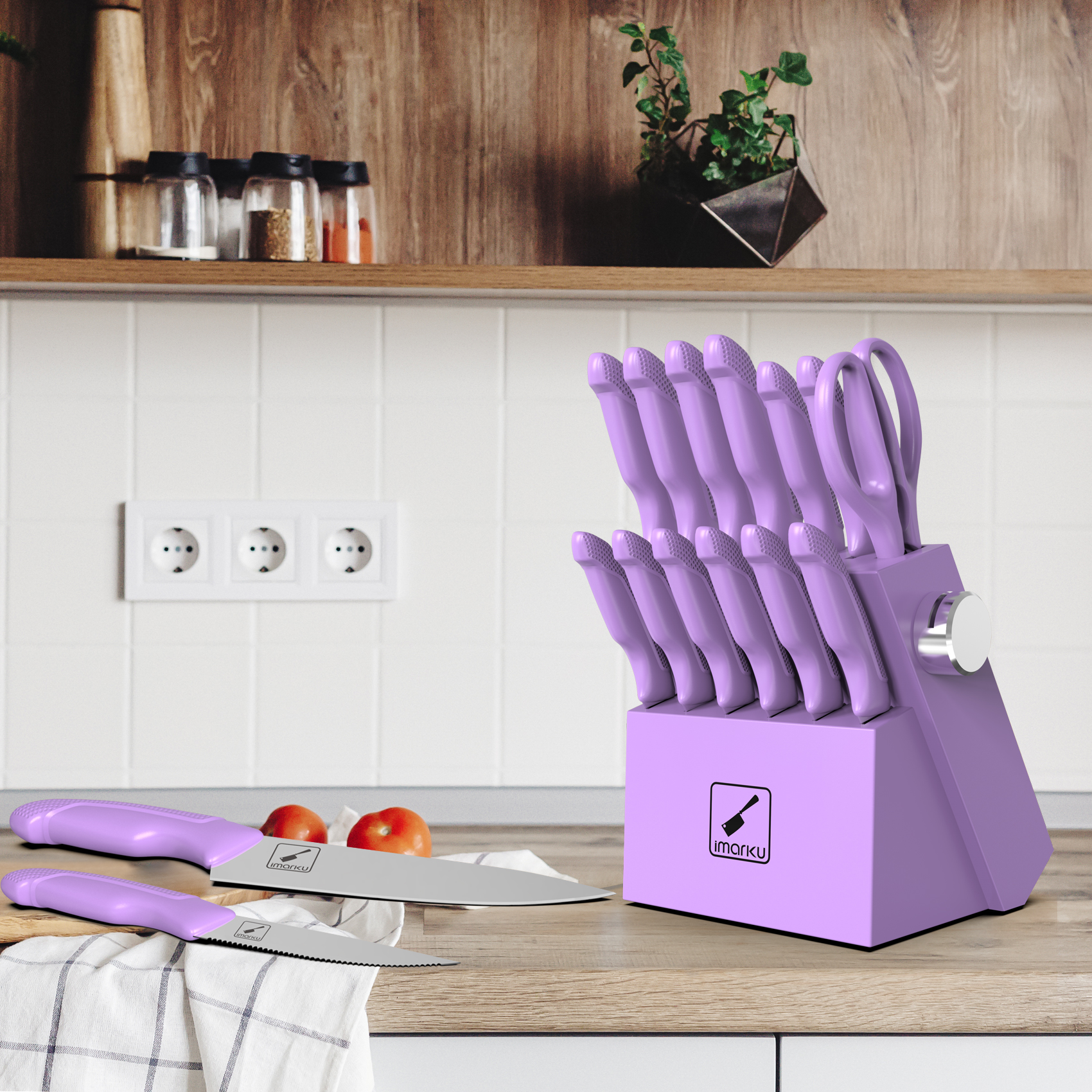 thumbnail video image 2 of imarku 14-Piece Stainless Steel Kitchen Knife Block Set with Built-in Sharpener and Non-Slip Handles,Best Holiday Gifts,Purple, 2 of 11