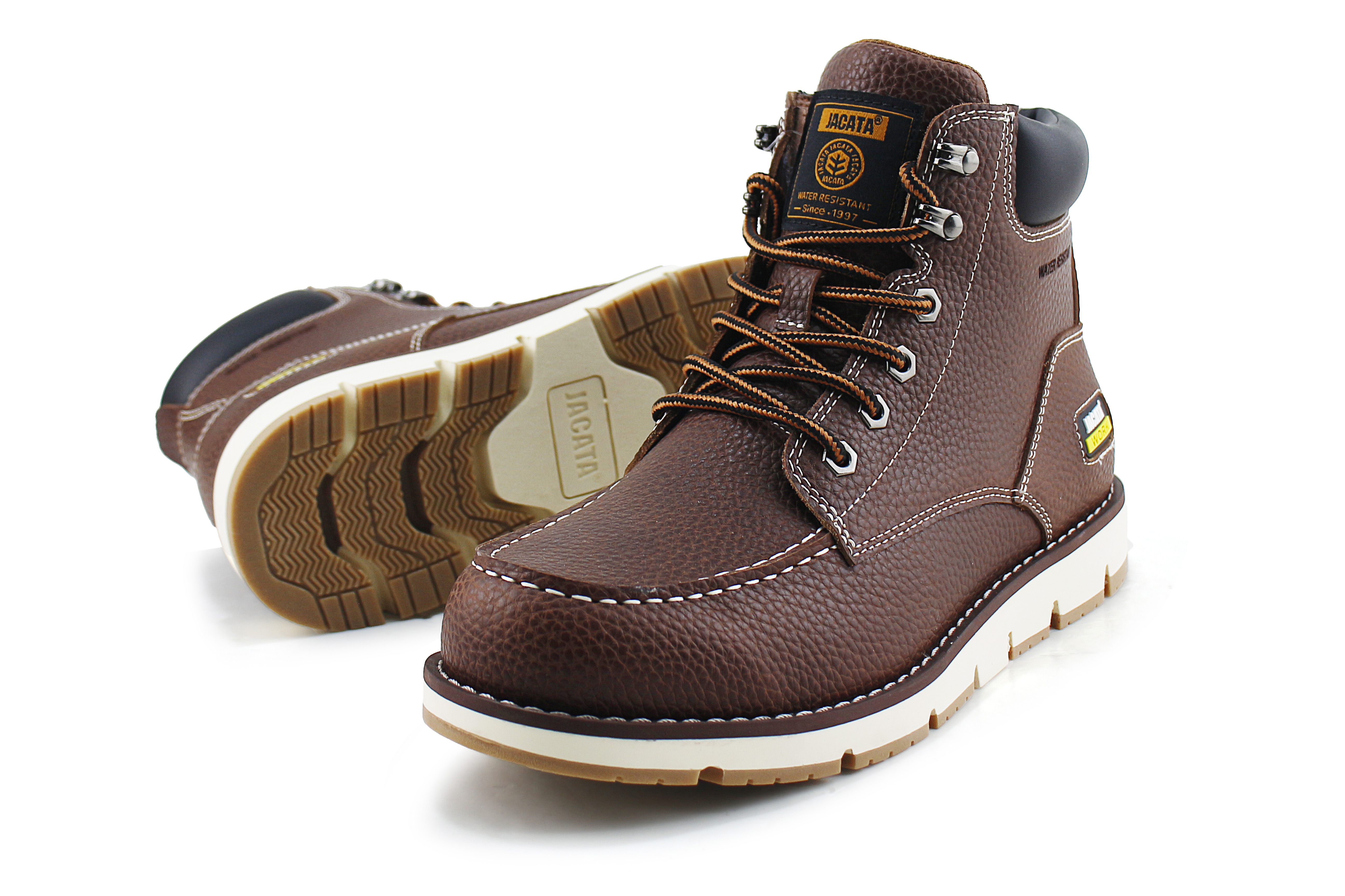 thumbnail video image 2 of Jacata Moc Toe Work Boots for Men Soft Toe Leather Non Slip Boots (Brown 10), 2 of 7