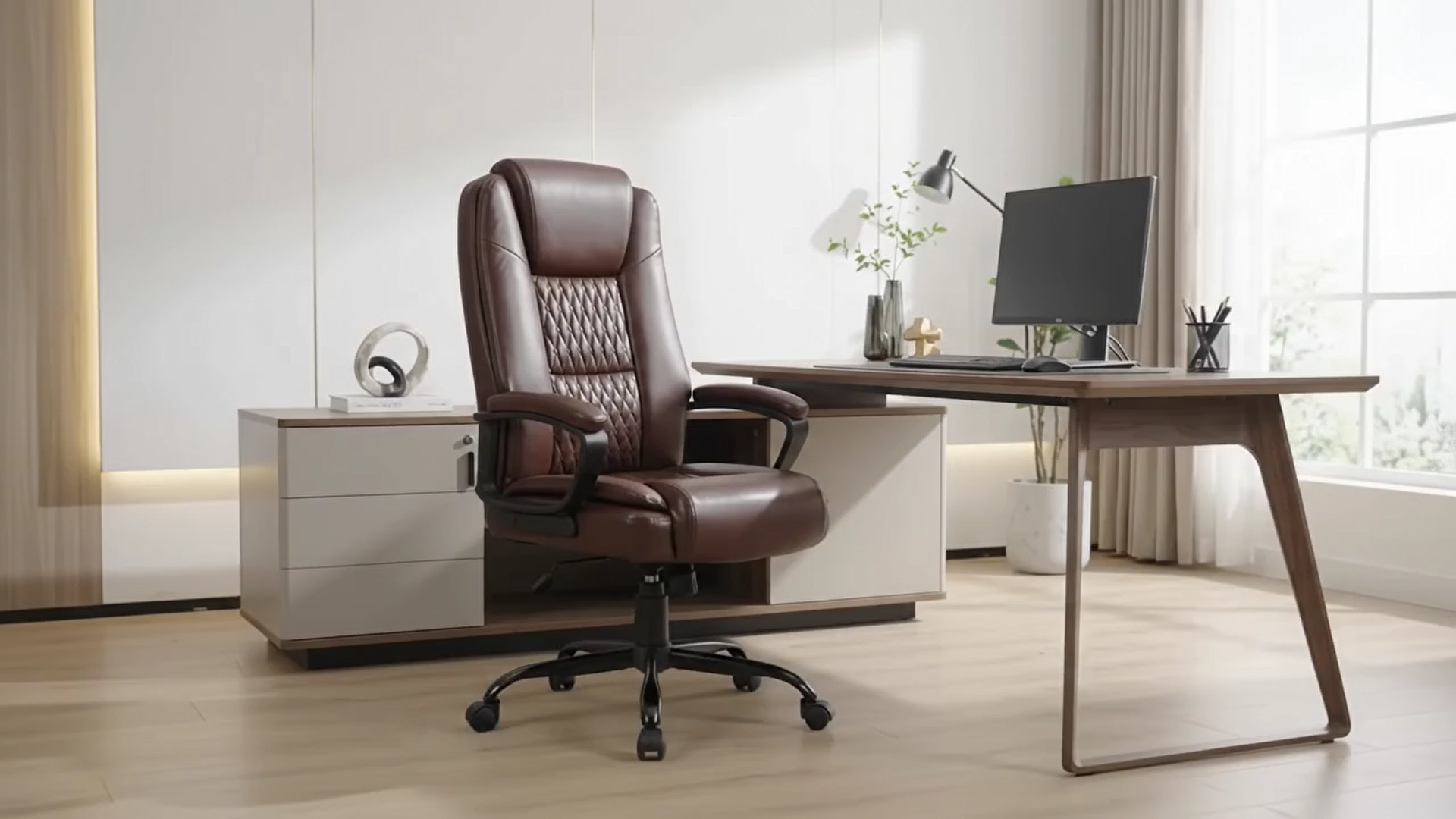 thumbnail video image 2 of Waleaf PU Leather High Back Cushion Desk Chair, Pink, 2 of 11