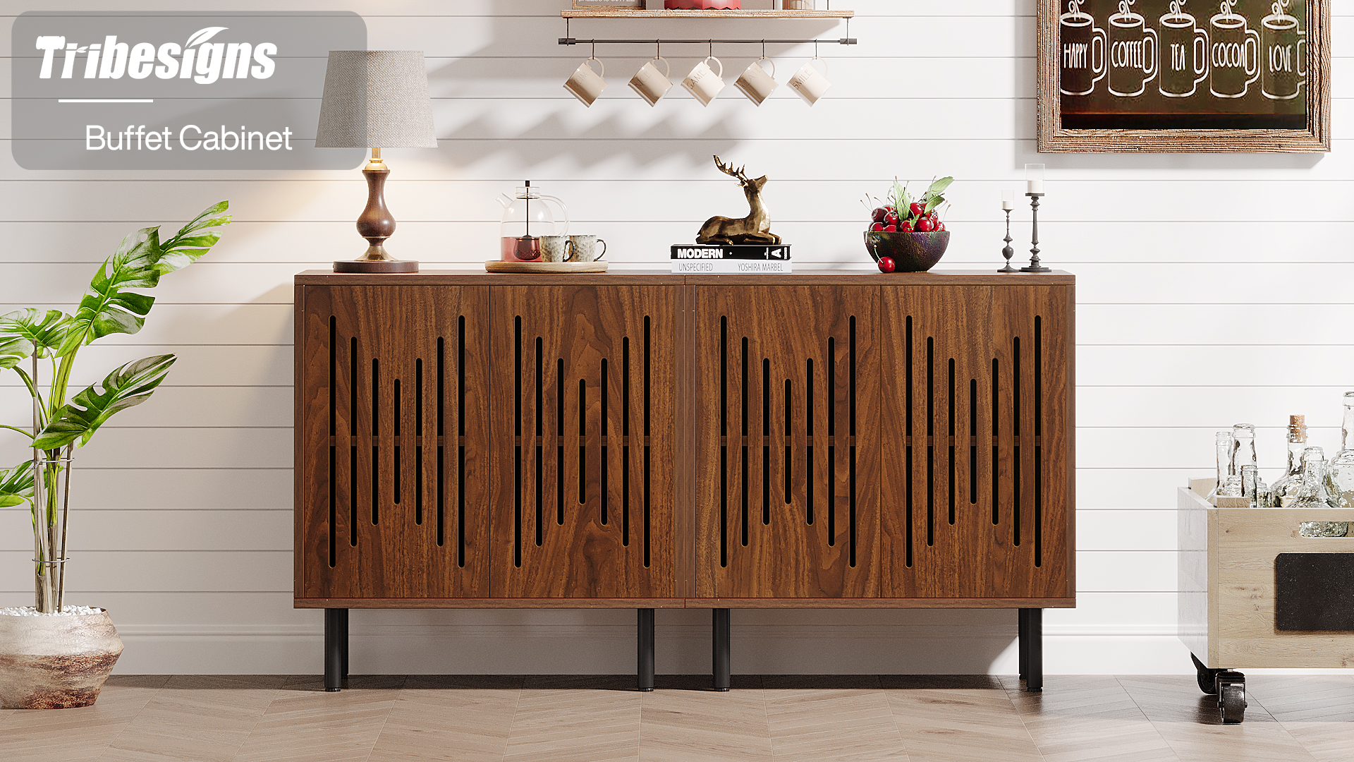 thumbnail video image 2 of Tribesigns Set of 2 Sideboard Buffet Cabinet with Storage, 59" Storage Cabinet with Doors & Adjustable Shelves, for Living Room, Kitchen, Rustic Brown, 2 of 10