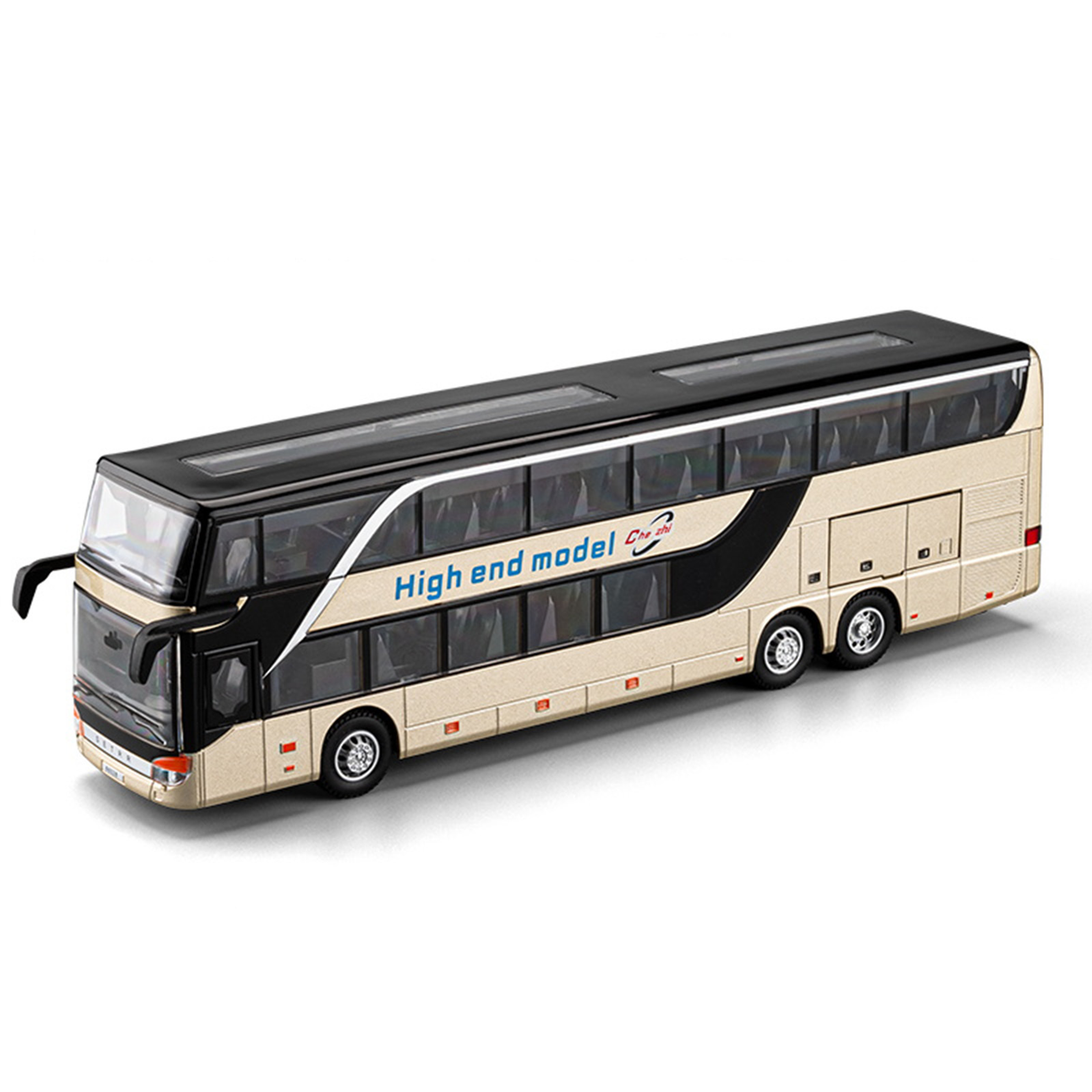 thumbnail video image 2 of Funtogether Die-cast Double-Decker Toy Bus, 10.4" Large Alloy Intercity Coach Play Vehicle with Lights and Sounds, Pull-Back Model for Kids, 2 of 8