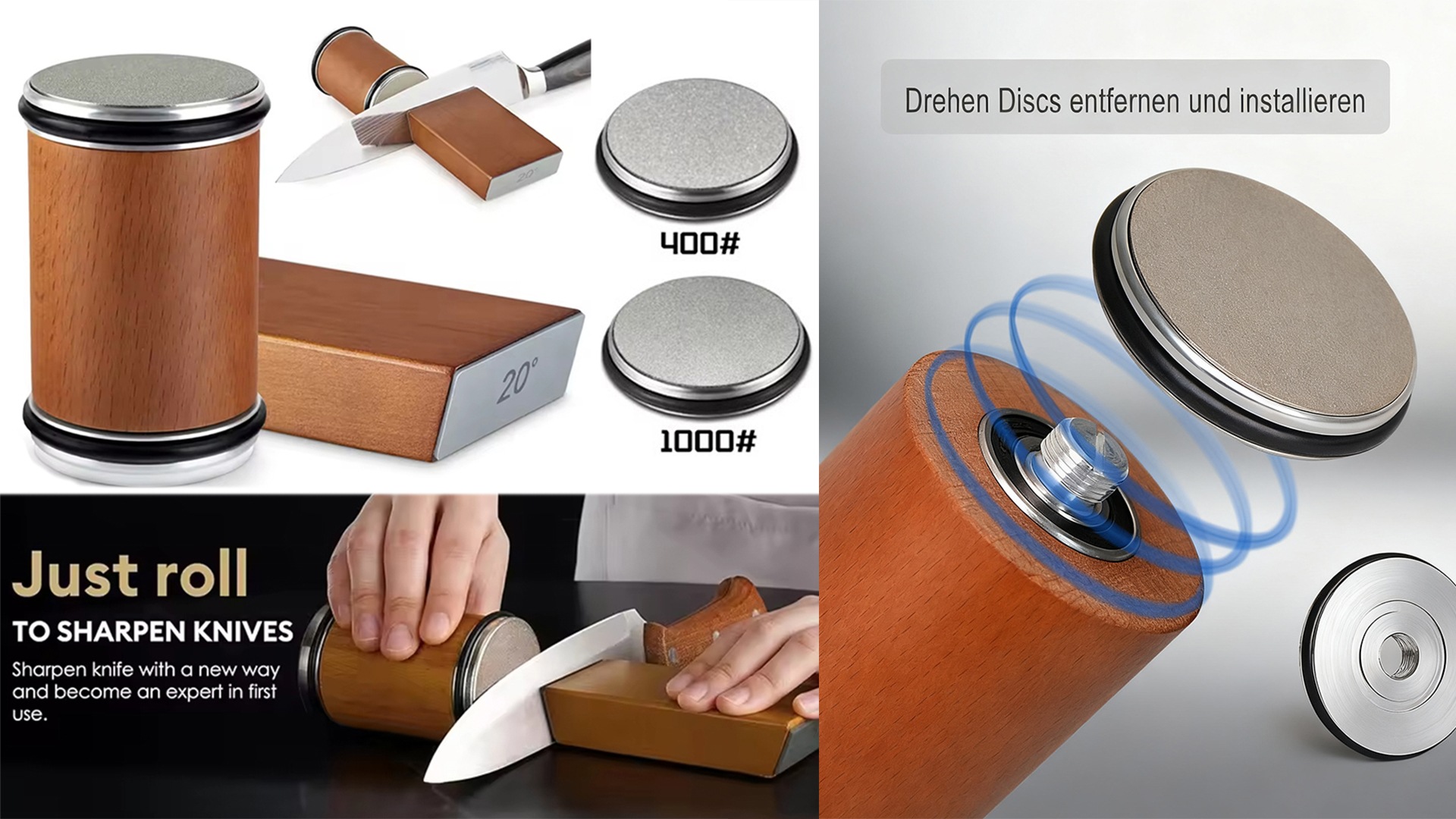 thumbnail video image 2 of Tumbler Knife Sharpener Rolling Diamond Sharpening Stone #1000/#400 Sharpener Kit Kitchen Knives 15 and 20 Degrees, 2 of 9