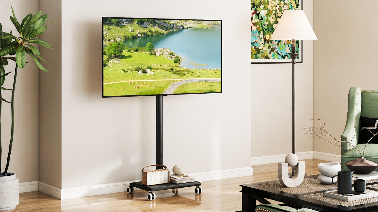 thumbnail video image 2 of TAVR Furniture 32 to 60 inch Mobile TV Cart Stand, Tall Floor Rolling TV Stand with Swivel Mount, Height Adjustable Black, 2 of 10