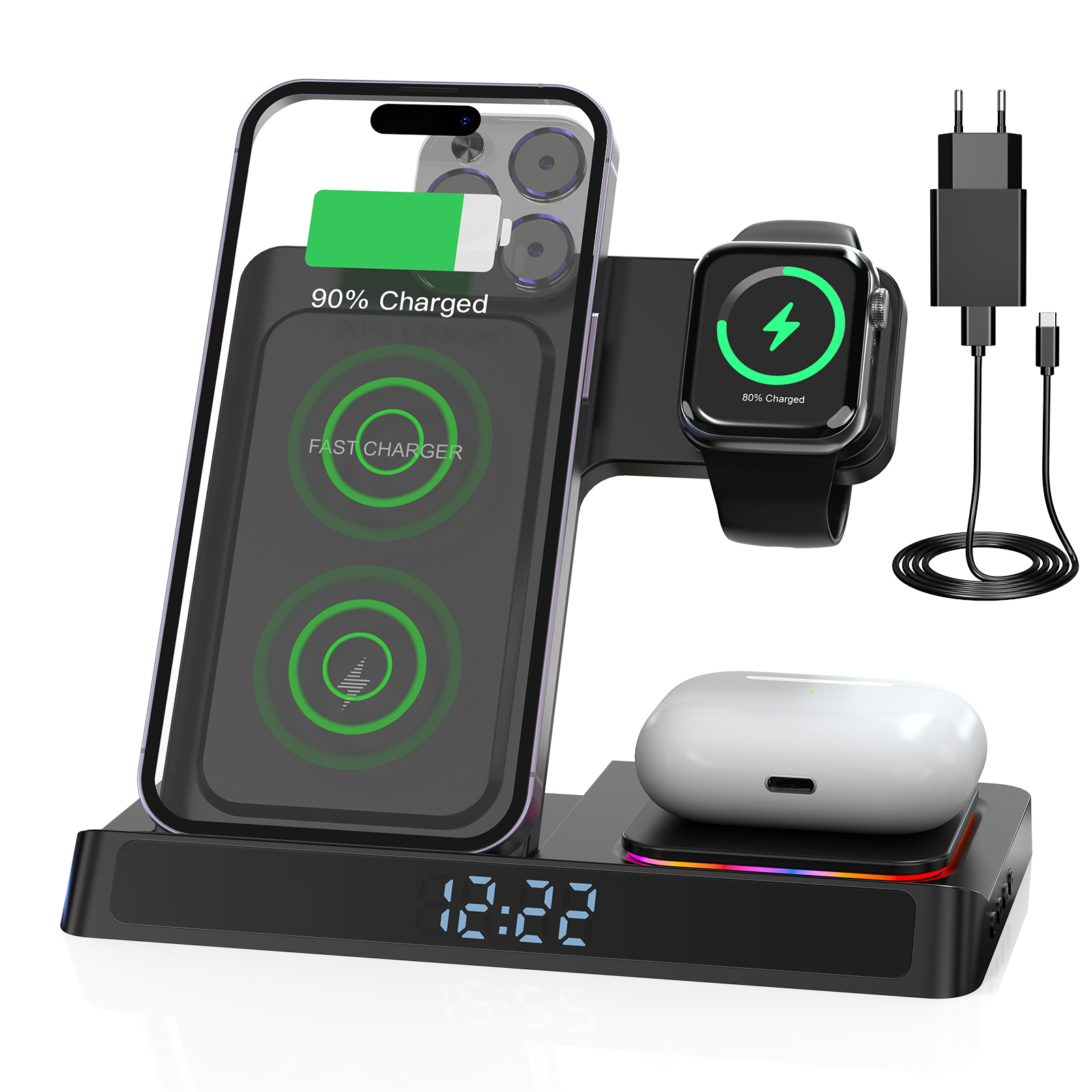 thumbnail video image 2 of Wireless Charger iPhone ,Foldable 4 in 1 Fast Charging Station for Apple iWatch , Airpods ,iPhone with Clock and QC3.0 Adapter Black, 2 of 8