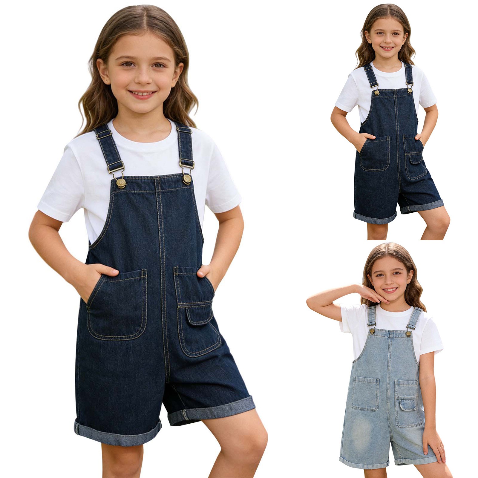 thumbnail video image 2 of JLMSPLWG Teen Denim Jumpsuit Girl Vintage Jeans Overalls Teens Solid Color Work Outfits Kids Y2K Adjustable Bib Shorts Pant with Pockets Girl Clothes, 2 of 8