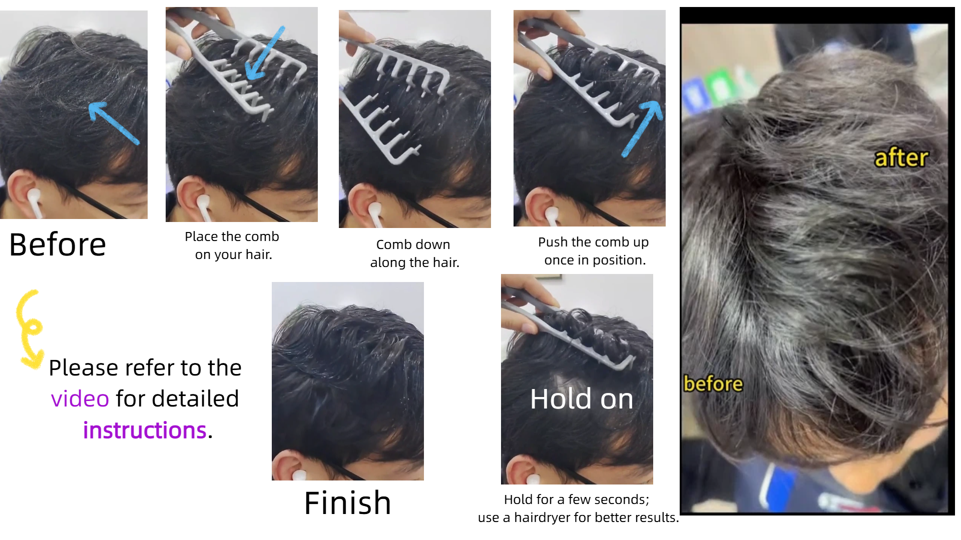 thumbnail video image 2 of 2Pcs Gray Texture Comb, Travel Folding Wide-Toothed Voluminous Hair Styling Comb with Textured Grip, Hair Styling Tool for Women and Men, 2 of 7