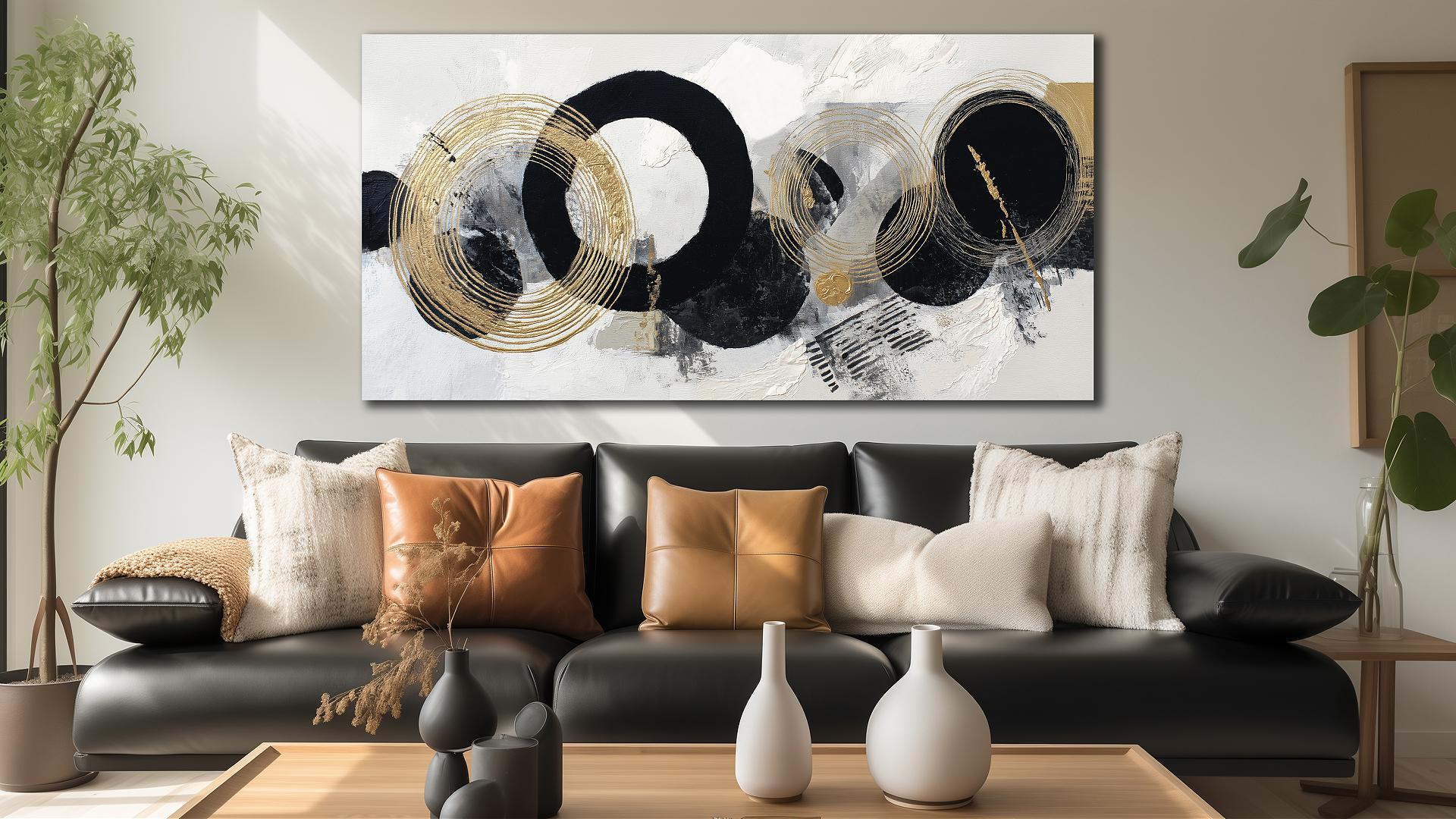 thumbnail video image 2 of Black White Gold Foil Circle Canvas Wall Art, Abstract Circular Brushstroke Print Wall Decor, 48x24 Inches Minimalist Picture for Living Room Bedroom Office Home Decoration, 2 of 8