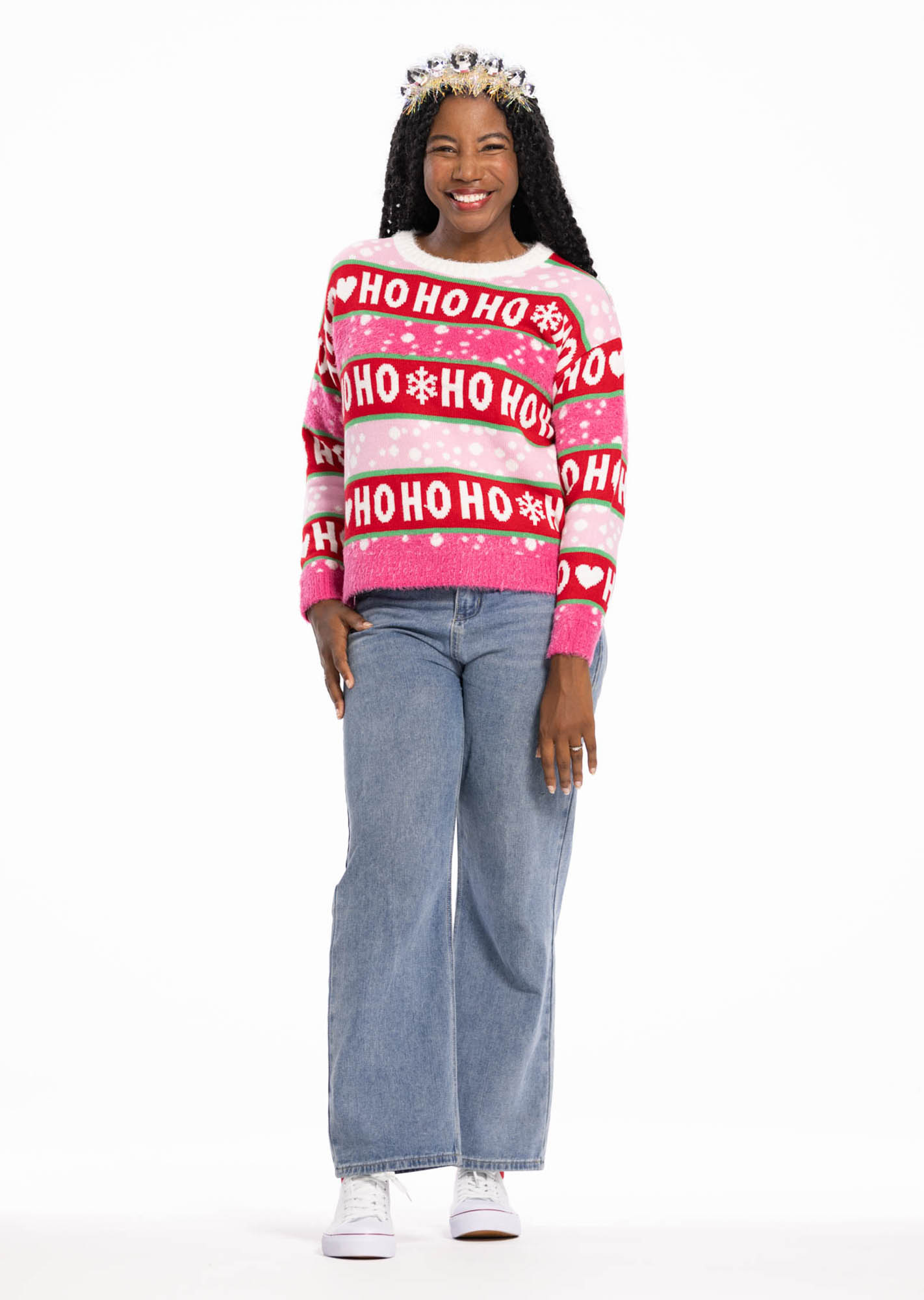 thumbnail video image 2 of Jollidays x Glitter and Lazers Women's Watch Me Sleigh Sweater, Sizes S -5X, 2 of 11