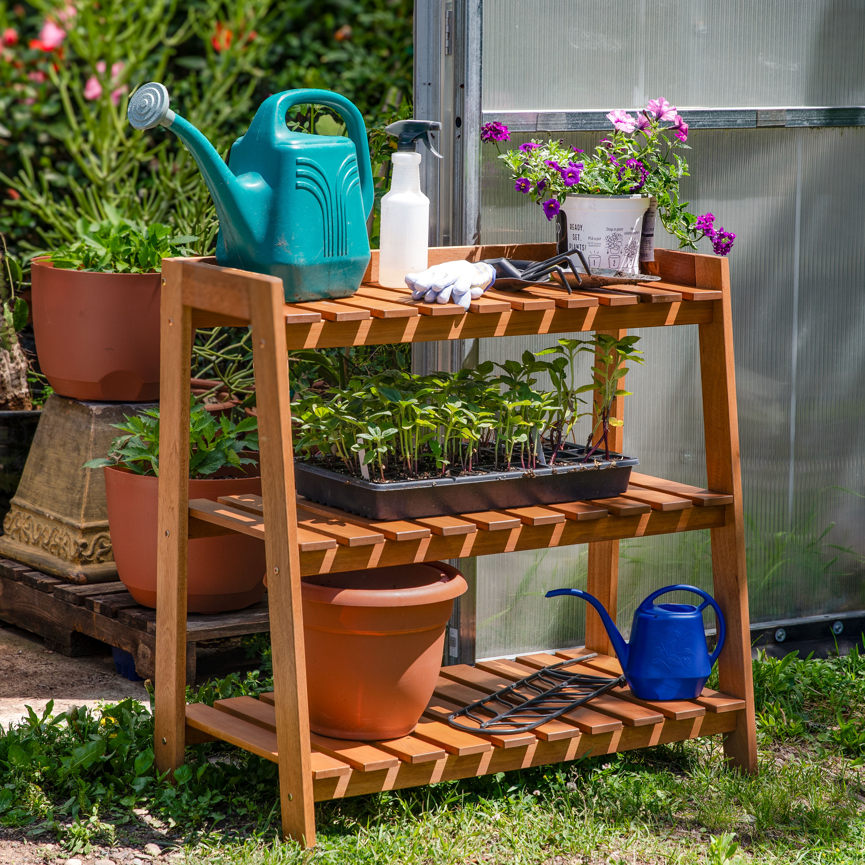 thumbnail video image 2 of Sunnydaze 36" x 18" x 34.5" 3-Tier Brown Meranti Wood Outdoor Plant Stand Garden Shelf, 2 of 11