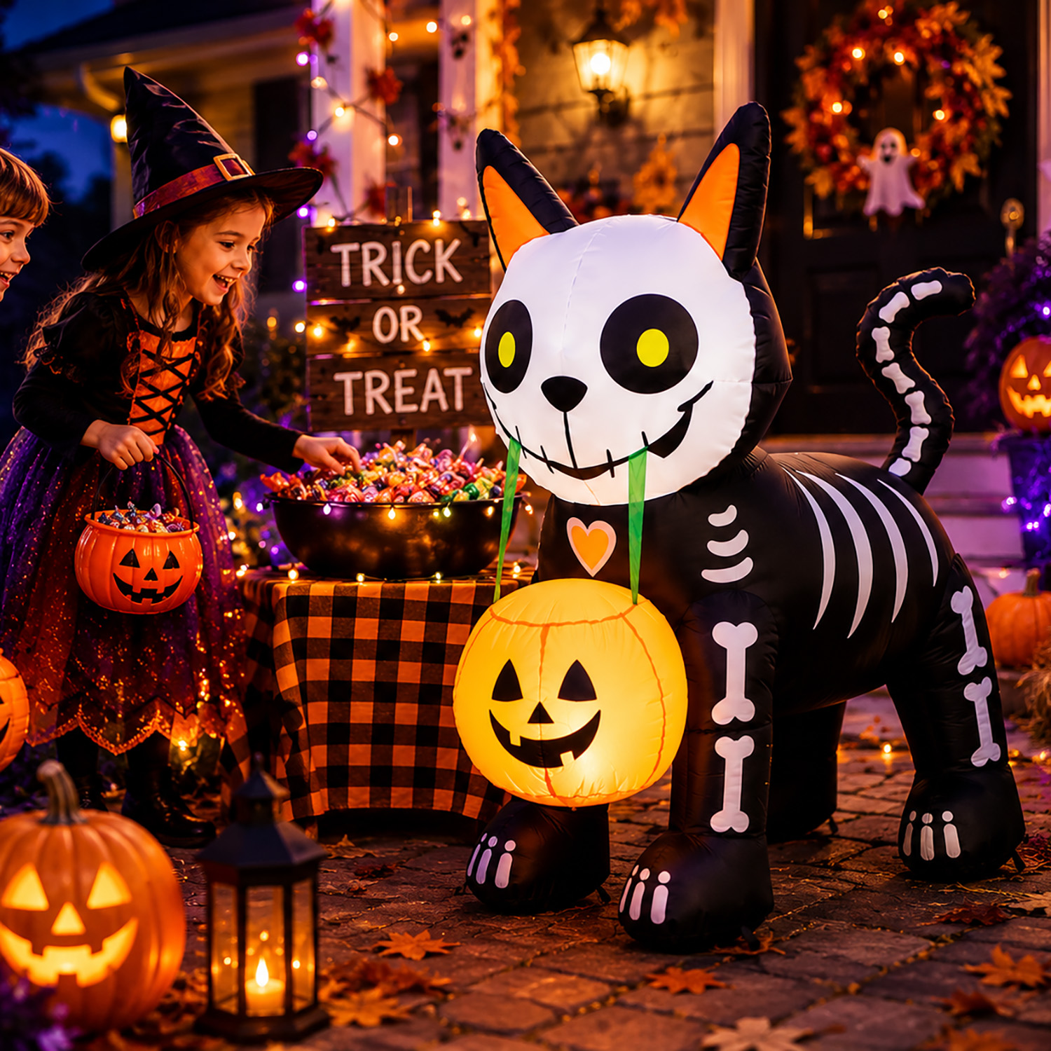 Toiyjofe, Halloween Inflatable Skeleton Cat, with Pumpkin Lantern ...