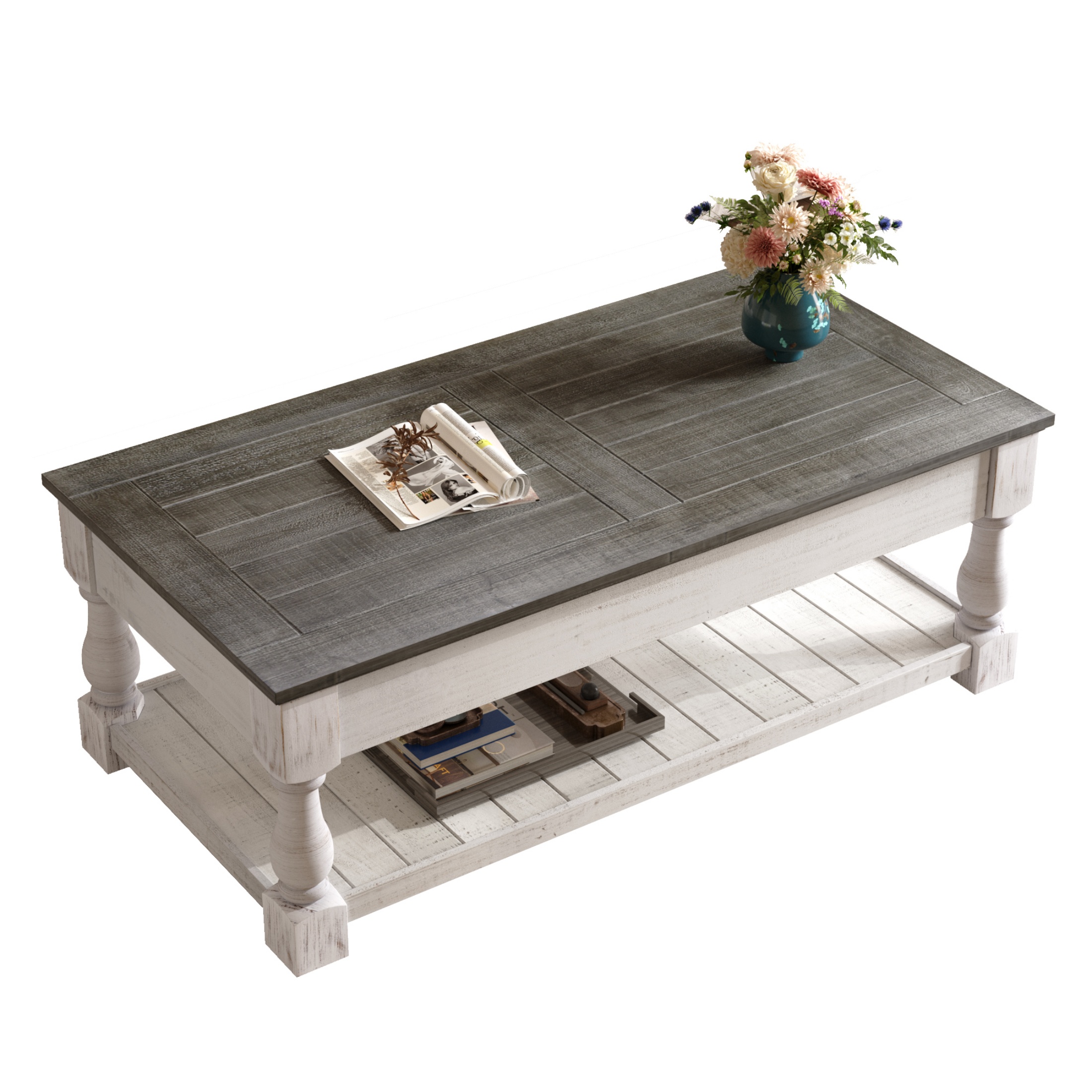 thumbnail video image 2 of Atumcto Farmhouse Lift Top Coffee Table with Storage, 2-Tier Wood Center Table with 3 Hidden Trays, White and Gray, 2 of 10